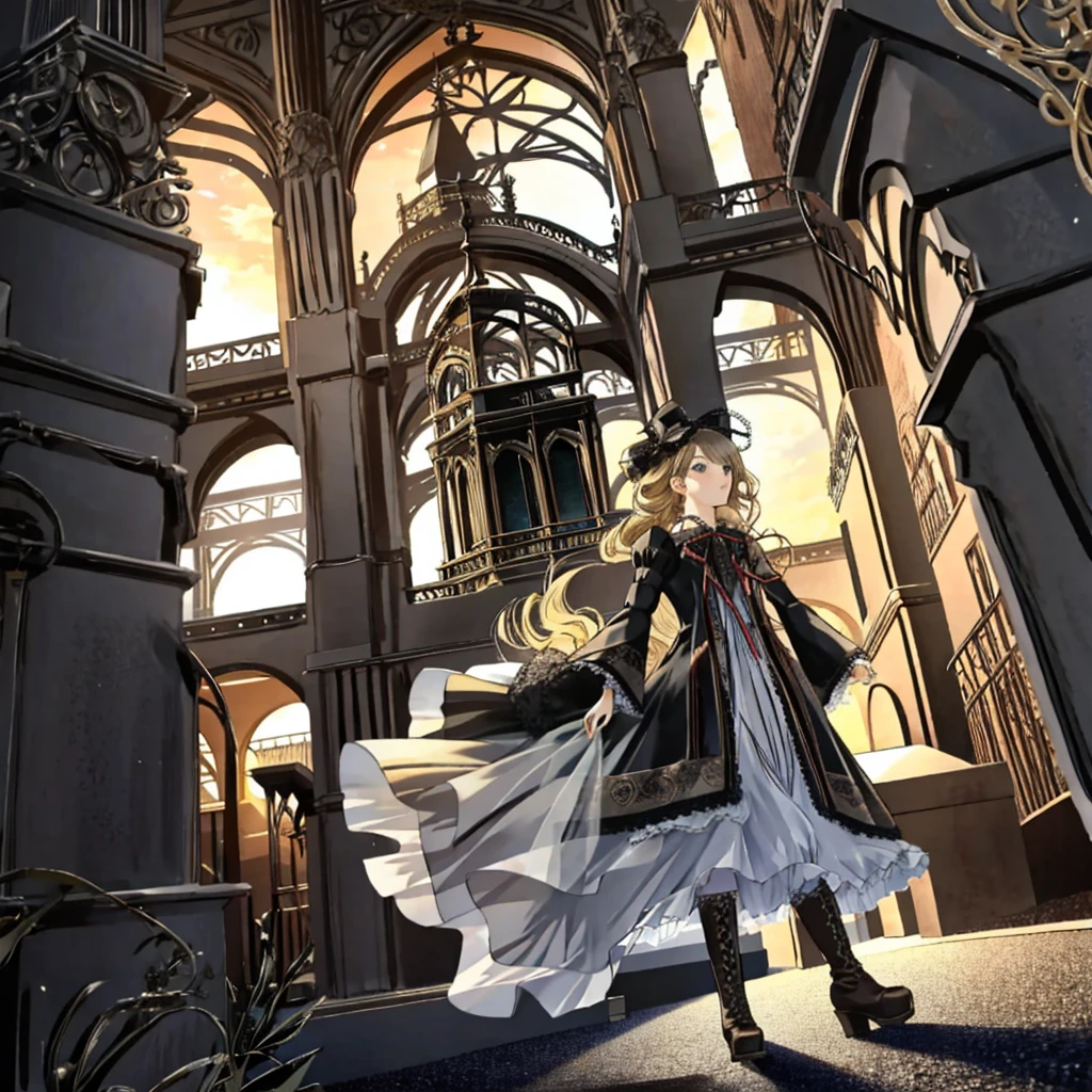 A woman wearing a dress and boots is standing in front of a building, Baroque Dress, Detailed steampunk dress, Elegant Gothic Princess, Victorian Gothic Lolita Fashion, 歴史的なBaroque Dressダーク, Black Gothic Lolita Dress, Fantasy style clothing, Rococo Dress, Black Rococo, Classic witch, Fantasy Costume, wearing a Gothic Dress, romantic dress, Gothic Dress, sit, Spread your legs, Looking from directly below, Drawers, underwear