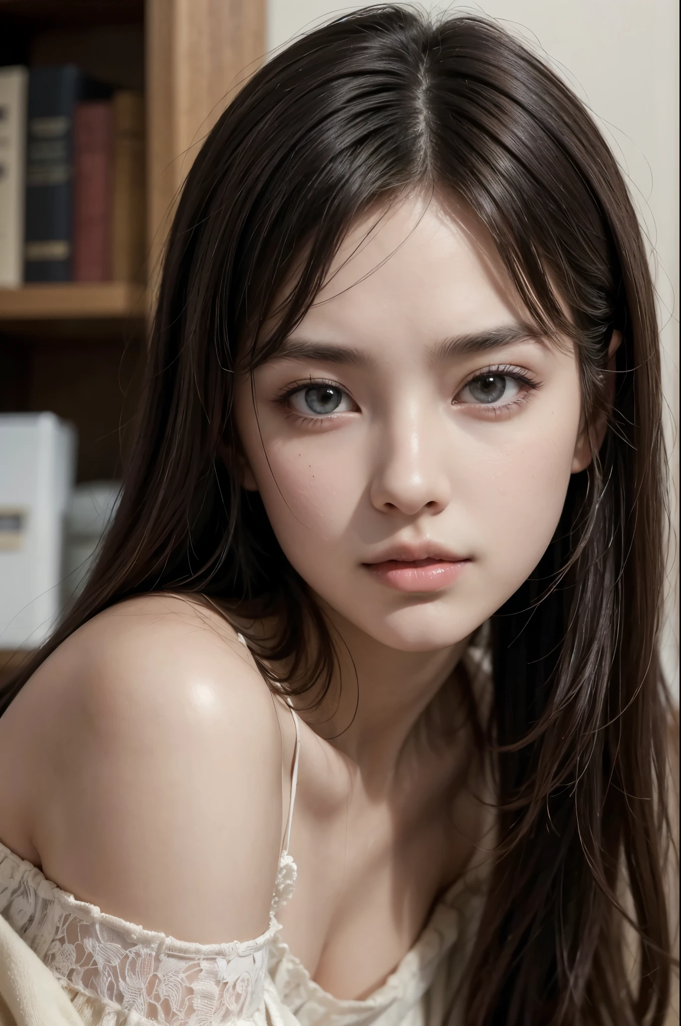 (masterpiece, highest quality, Realistic, High resolution, photograph, :1.3), Waist up pose shot, Sharp focus, One dark brunette girl, Japanese girl, Hot Model, Highly detailed eyes and pupils, Realistic Skin, Slim figure, Neckline, Highly detailed hair, Delicate face, Sensual look, Bright lips, ((Wearing an oversized, loose off-the-shoulder shirt)), indoor, whole body,