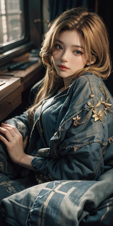 (masterpiece: 1.2, Portraiture, Highest quality), Realistic, (Live Action, Intricate details, Written boundary depth), Highest quality, masterpiece, Attention to detail, semi-Realistic,  sleeping in bed, shy, 21 years old, Short Blonde, blue eyes, pajamas, Slim figure、Canopy bed、