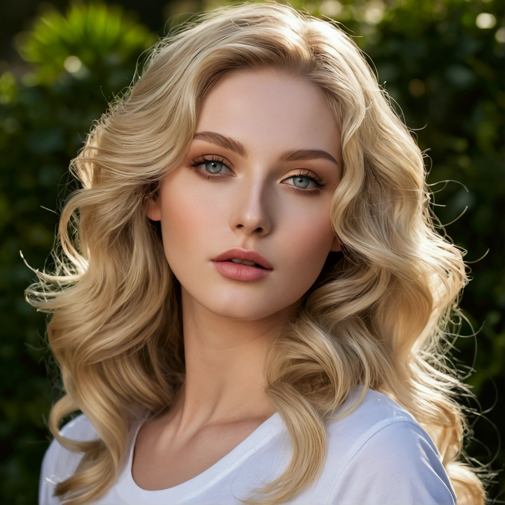 gorgeous woman with extra long wavy blonde hair, des yeux séduisants detaileds, de longues jambes sexy, portant de minuscules shorts, t-shirt, wearing heeled shoes ((caractéristiques faciales detailedes)), (peau finement detailede), pale skin, texture de peau réaliste, extreme skin details, (pores : 0.1), best quality masterpiece, Photorealistic, hyperrealistic, detailed, HDR, (couleur douce : 1.2), shallow depth of field, wide light, High contrast, contre-jour, floraison, light sparkles,