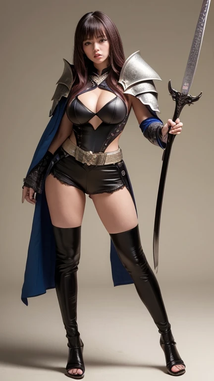 A resident of the world of swords and magic、One girl、treasure hunter、Beautiful woman、Heavy armor,、She has big breasts、Wearing a silver breastplate、Big eyes、Sharp Eyes、Red Hair、Super long hair、Bangs are drooping、staring straight ahead、A charming face、masterpiece, high quality, feet, Pause, Shorts, Wearing a cloak、Toned Up、Holding a sword、body facing forward、