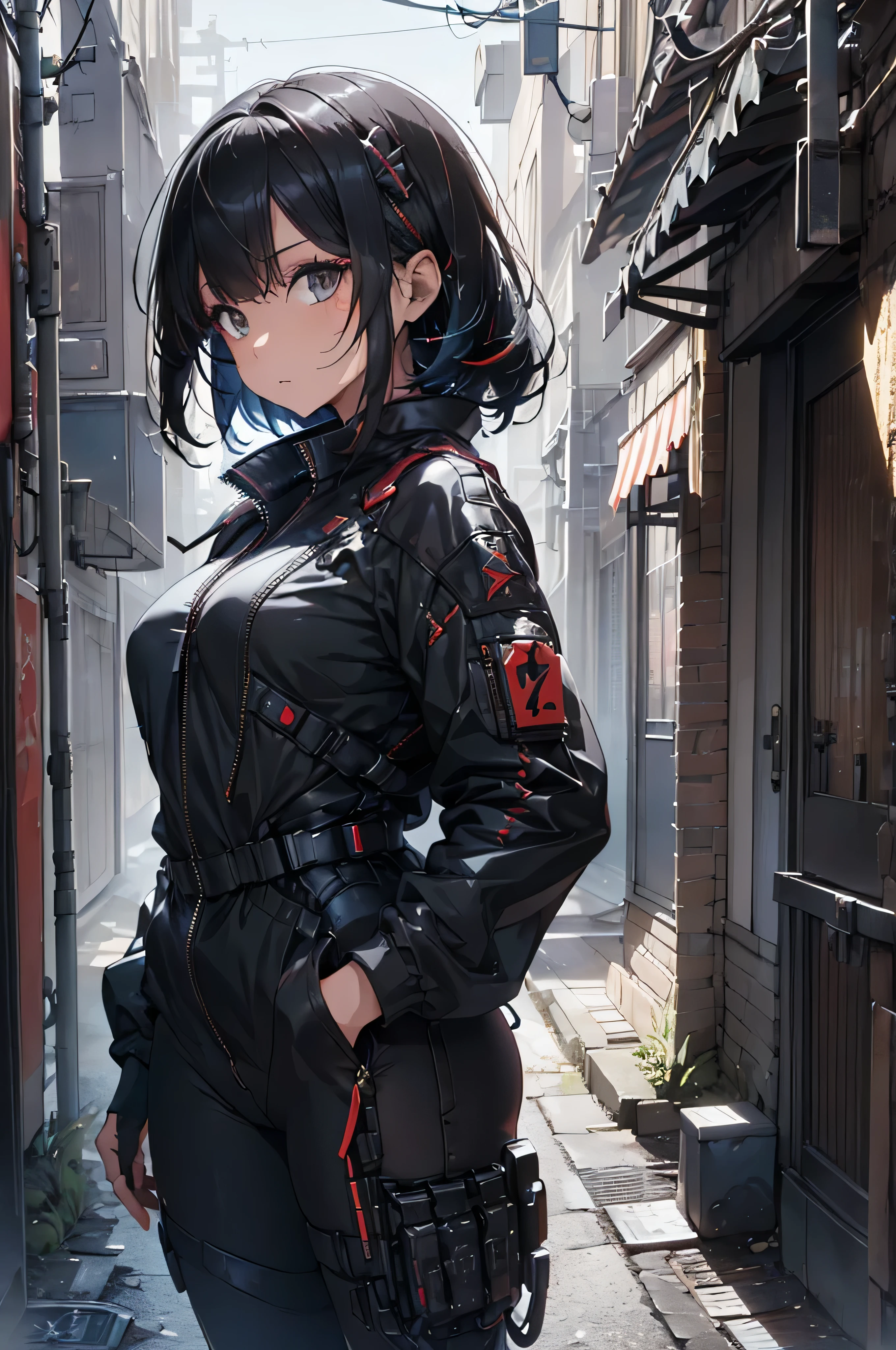 Side view from the waist up, Sexy beauty (masterpiece) Bob short black hair & Colorful fringe, Highest quality, Expressive eyes, Perfect Face, Wearing a short jacket & Detailed decorative sci-fi cyberpunk combat plugsuit & sunglasses, Sharp focus, Cyber Samurai, Shine