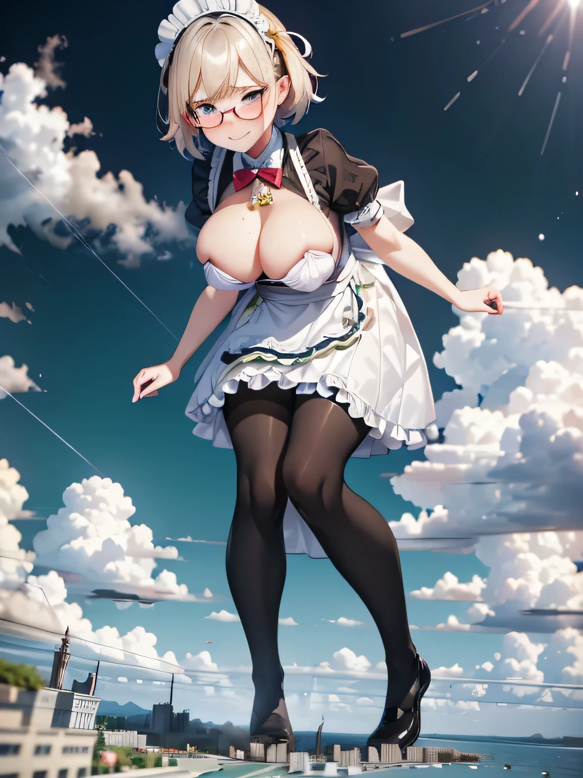 multiple girls, 3girls, standing, giantess art, highly detailed giantess shot, giantess, most detailed, perfect face, two legs, five fingers, short hair, beautiful girl bigger than a skyscraper, wearing rimless glasses, smiling, huge breasts, maid, maid outfit, black pantyhose, no shoes, toes visible through pantyhose, steam coming out of soles of feet, seaside metropolis, ocean, destroying city, under heavy attack, very small metropolis, miniature metropolis, full body depiction, GTS, giga giant, trampling city, crashed city, small city, micro city, pantyhose feet, high resolution, best quality, masterpiece,