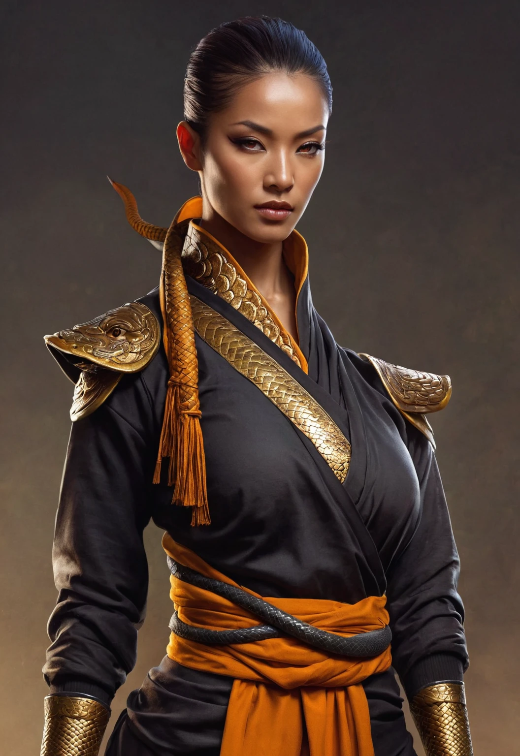 Half snake woman, character concept, fantasy martial arts clothing, a monk