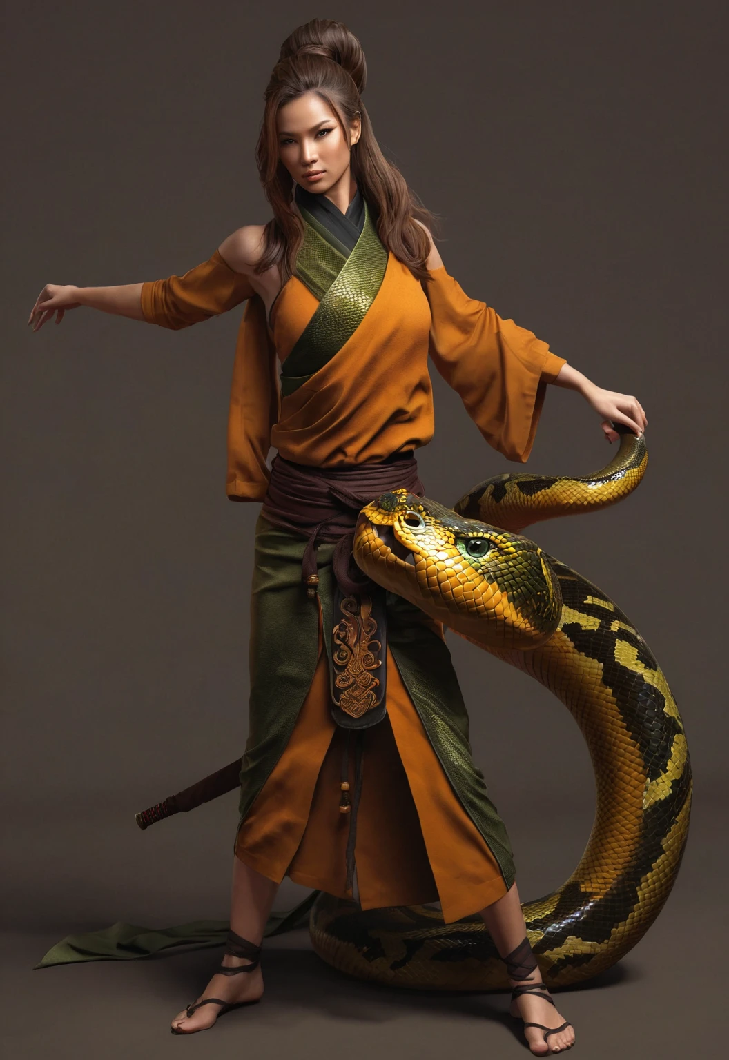 Half snake woman, character concept, fantasy martial arts clothing, a monk