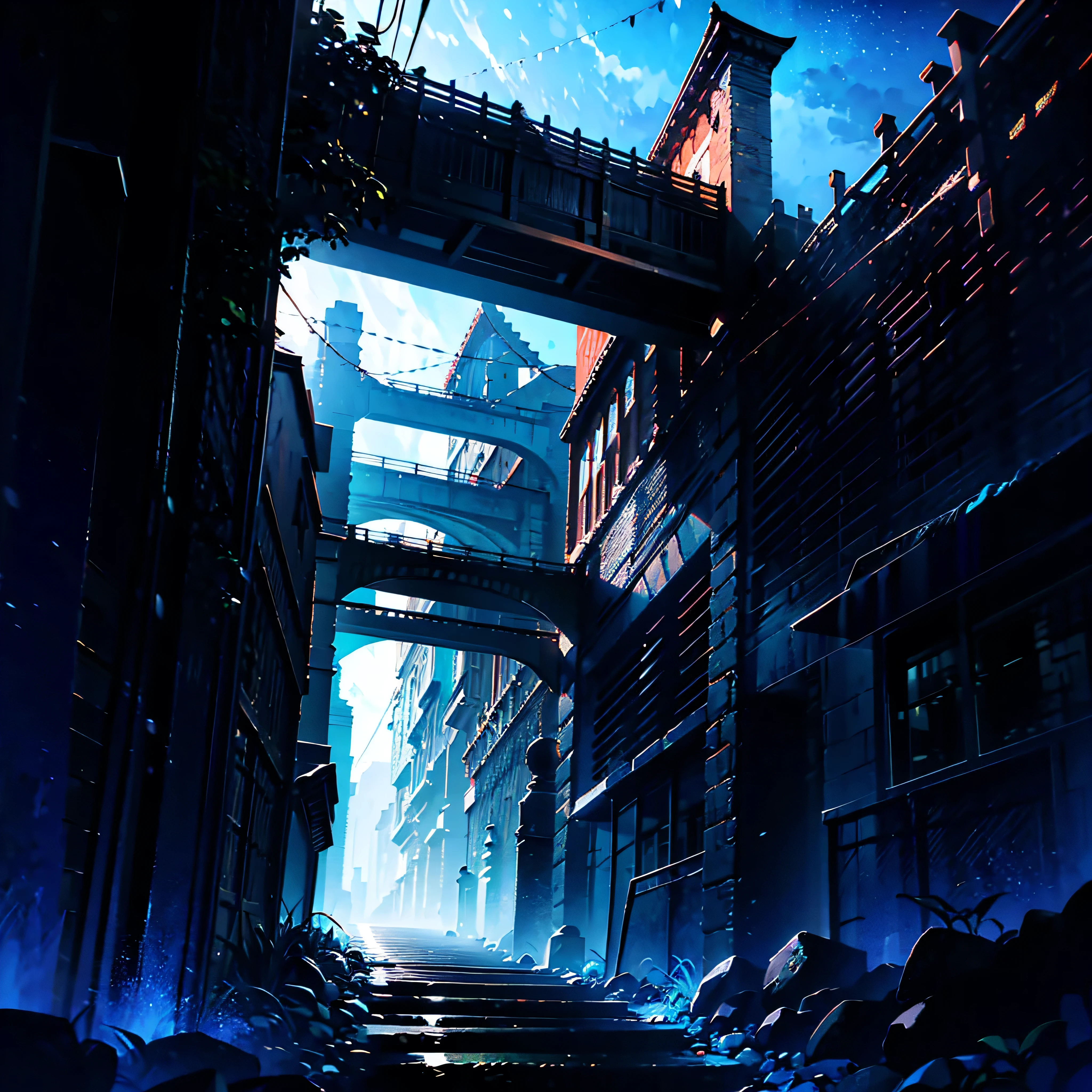 Dark Night, Bluish, blue tint, Wooden suspension bridge in the forest,Rope bridge,suspension bridge, Old wooden bridge, (Blue Hour:1.5) (Twilight Night, dark blue night, blue shadow) dark silhouette

