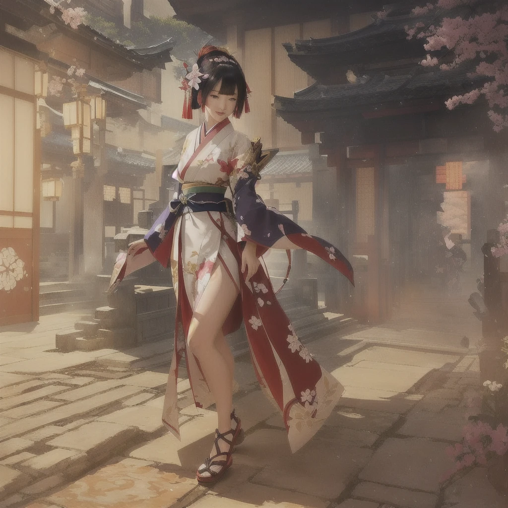 An anime-style woman in a kimono walking through a courtyard, The Detailed Art of the Onmyoji, Gwaiz on artstation pixiv, Gwaiz on pixiv artstation, Gwaiz, Traditional Japanese concept art, onmyoji, Kschaert Krentz Key Art Feminine, artstation pixivでトレンド, Ayaka Genshin Impact