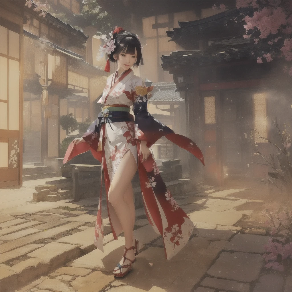 An anime-style woman in a kimono walking through a courtyard, The Detailed Art of the Onmyoji, Gwaiz on artstation pixiv, Gwaiz on pixiv artstation, Gwaiz, Traditional Japanese concept art, onmyoji, Kschaert Krentz Key Art Feminine, artstation pixivでトレンド, Ayaka Genshin Impact