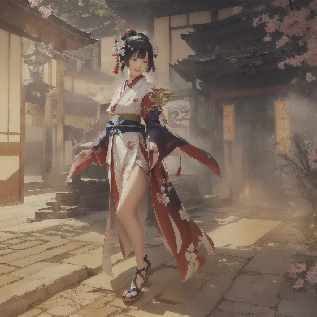 An anime-style woman in a kimono walking through a courtyard, The Detailed Art of the Onmyoji, Gwaiz on artstation pixiv, Gwaiz on pixiv artstation, Gwaiz, Traditional Japanese concept art, onmyoji, Kschaert Krentz Key Art Feminine, artstation pixivでトレンド, Ayaka Genshin Impact