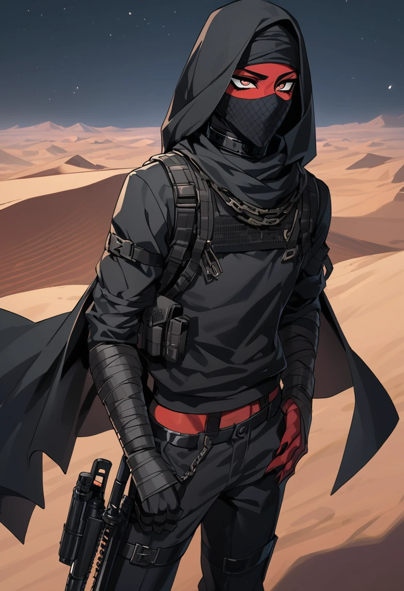Male arab modern terrorist, terrorist, black short balaclava, green bangs, black bandage, white eyes, black clothes, black pants, thin waist, sexy body, femboy, red skin, makeup, black eyeliner, big eyelashes, black eyeshadow, metal choker, desert, night
