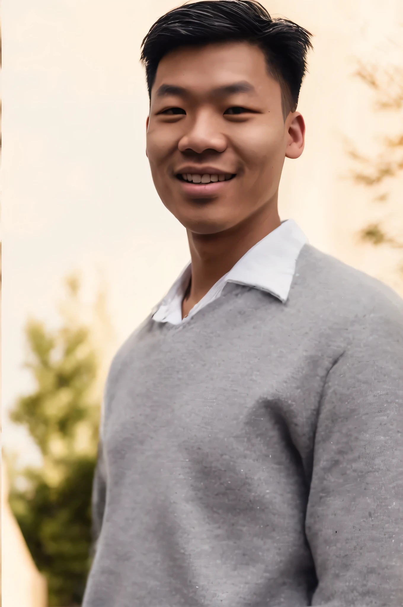 arafed man in a gray sweater and white shirt standing in front of a brick wall, reuben wu, damien tran, darren quach, christopher cao, nicodemus yang-mattisson, andrew thomas huang, rick dai, kevin hou, mid shot portrait, ryan jia, asian male, ken wong, handsome chad chin, emmanuel shiu, david luong