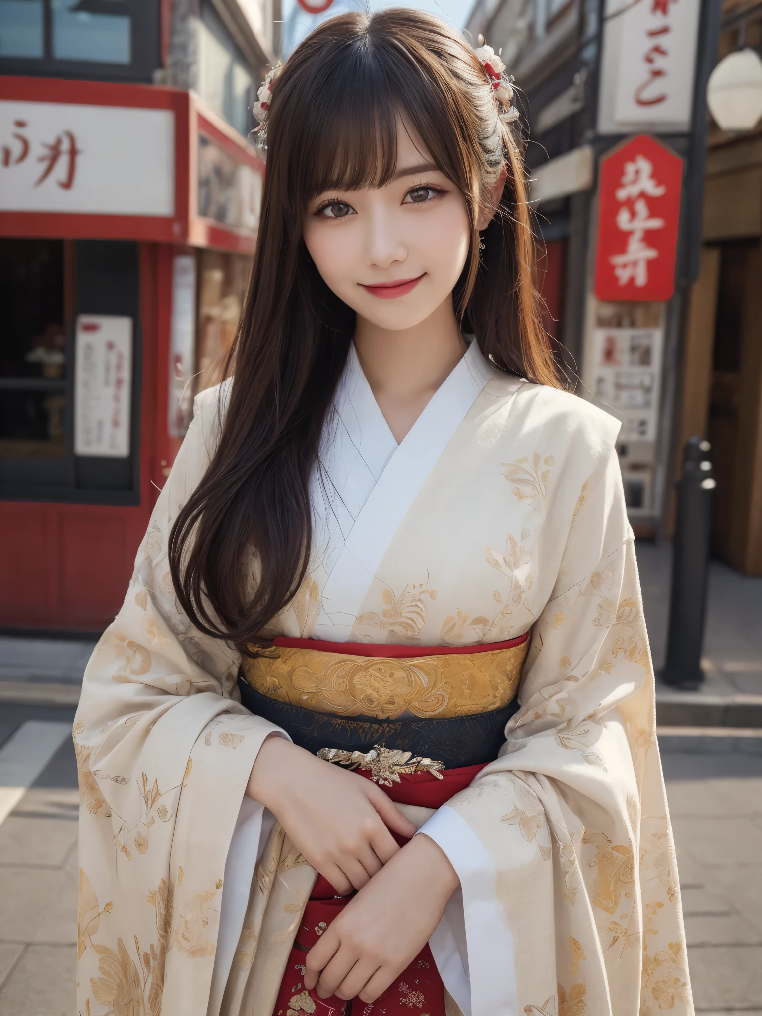 masterpiece, best quality, illustration, ultra-detailed, finely detailed, high resolution, 8K wallpaper, perfect dynamic composition, beautiful detailed eyes, Asakusa, traditional attire, long hair, respectful expression, cute, smile, looking at camera
