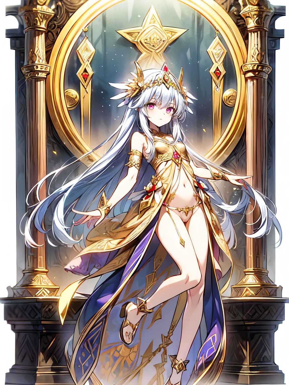 (crystal artifact), (metallic accessory), dancing(ethnic priestess), (gold embroidered garment), (sharp thong), narrow constricted waist, small hips, (dark color)eyes(highlights), slender legs, fantasy, mythical altar, (engraved stone)