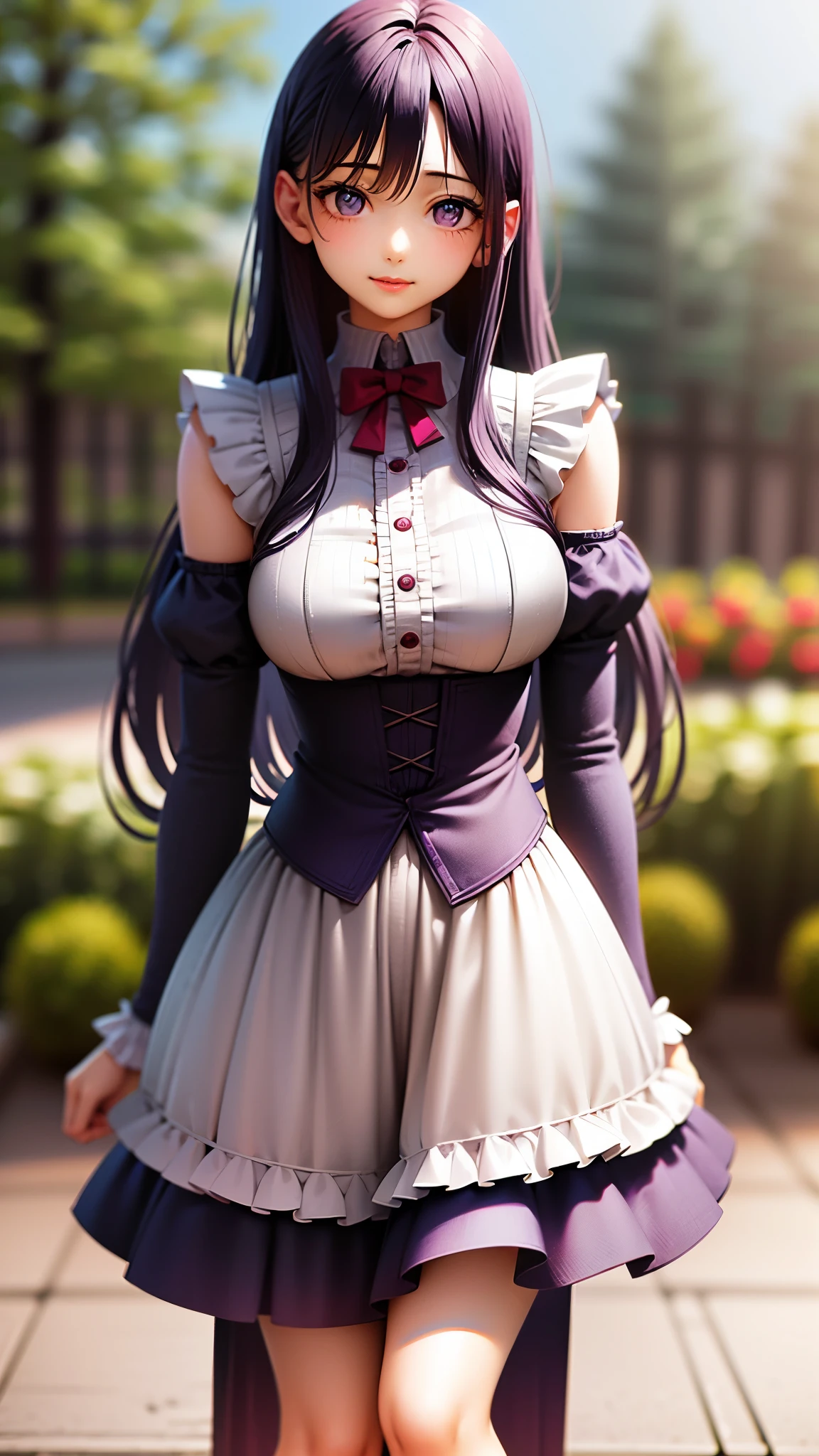 (Absurd, High resolution, Super detailed), masterpiece, Hinata(bolt), ((alone)), One girl,Medium chest, Long purple Victorian dress, Mouth closed, (((Long Hair))),Are standing, Bodice and skirt patterns, Frilled Skirt, race, Blinking blinking effect, (((Detailed lips))), garden, Pink and yellow flowers, ((Realistic Skin)), Glowing Skin, ((Glossy Red Lips)), Purple eyes, Portraiture, beautiful, smile, (((Dark blue hair))), Bust Crop, Normal skin