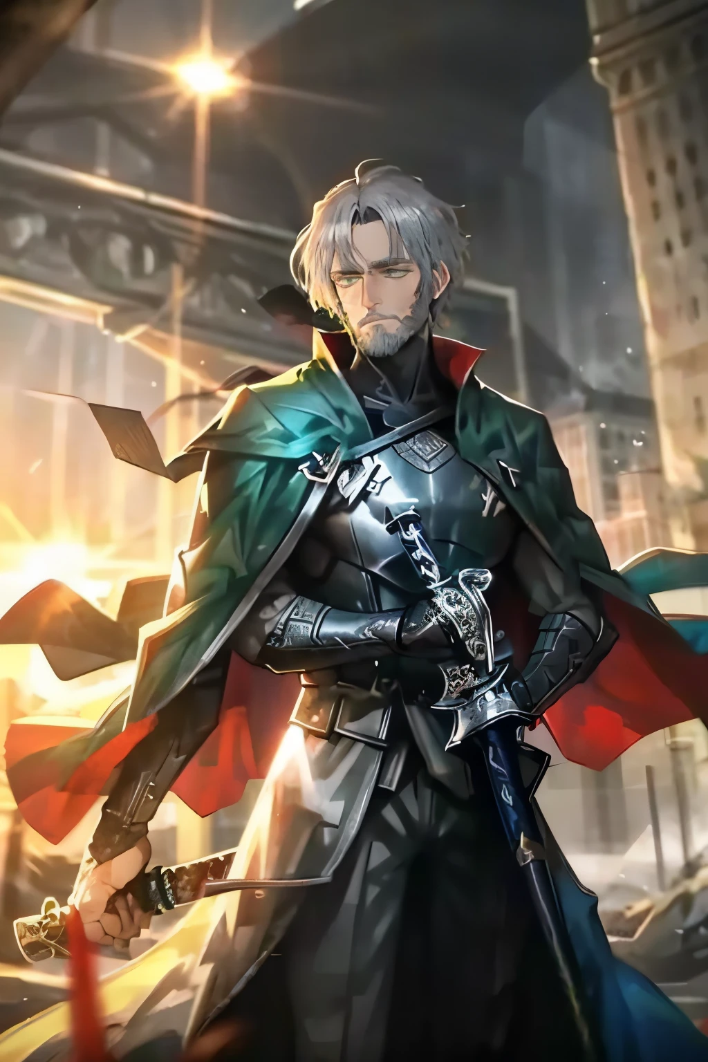  masterpiece, Highest quality, 1 person, elder, Green fancy clothes, Gray Hair, Green Eyes, short hair, Shiny Beard, good looking, Masculine, Severe, kind, cold, expensive, quiet, mysterious, Day, sun, heroic ,Outdoor, Cape, holding sword, sword