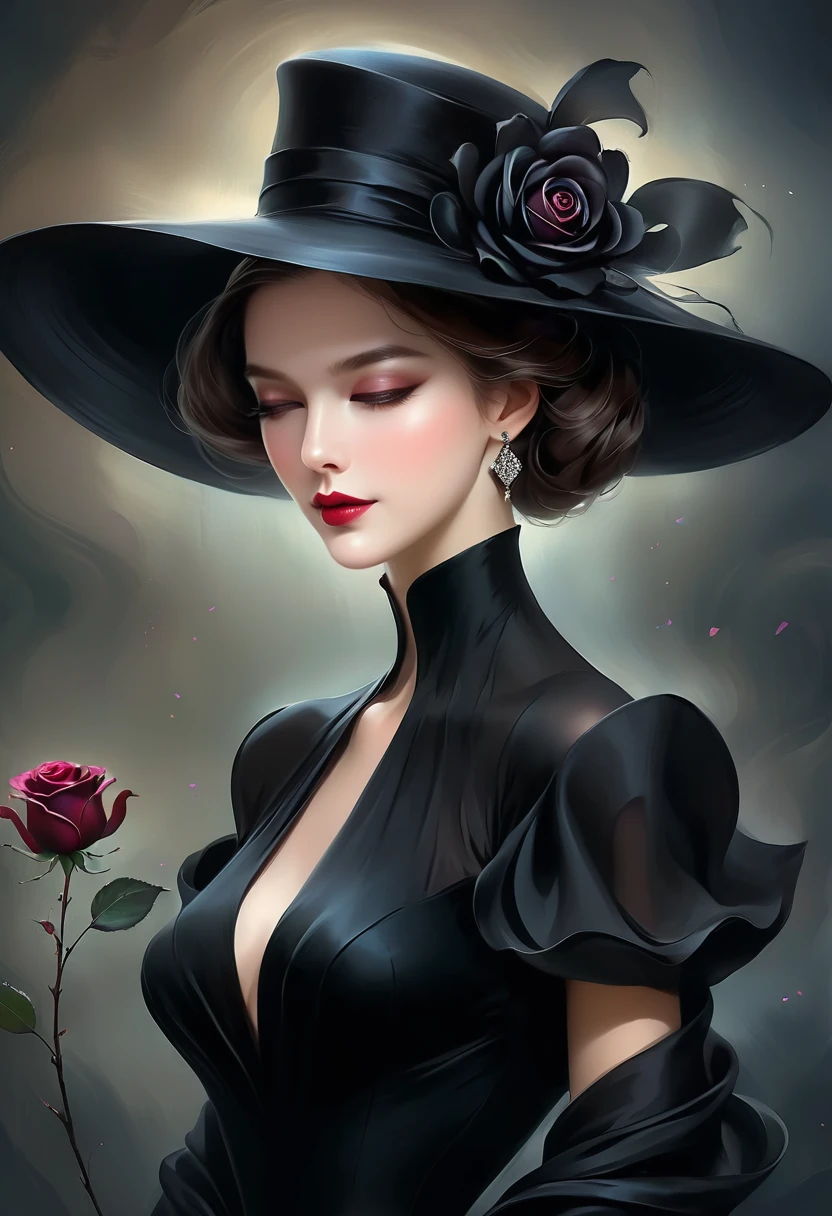 arafed woman in a black dress and hat with a black rose, elegant lady, digital art of an elegant, elegant digital painting, elegant woman, elegant girl, wearing black dress and hat, mysterious glamour, exquisite black accessories, stunning elegant pose, wearing black old dress and hat, an elegant woman in black dress, high fashion classy, elegant and graceful
