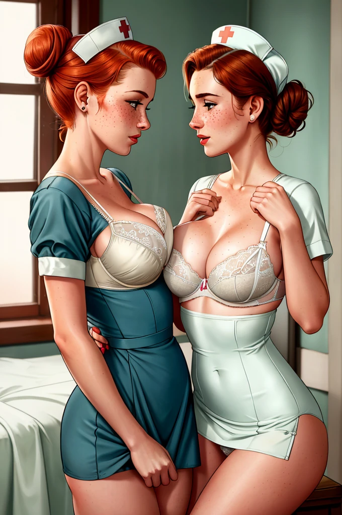 nikon z6, 75 mm f1.4, award winning 1950's photoshotgraph of
2 people, One is a (older Sexy school nurse wearing very short ((nurse dress)), brown hair in bun, panties peeking out), giving a breast exam to the other person, a (adorable, , slender 18 year old girl with small breasts, ((wearing bra and panties)), with ginger hair and freckles, wearing vintage lingerie) 1950's vintage, highly detailed, innocent, Sweet, in the school nurse's office high up, detailed facial features, high detail, sharp focus, smooth, aesthetic, extremely detailed, octane render, photoshot_\(ultra\), photoshotrealistic, realistic, Post processing, max detail, roughness, real life, ultra realistic, photoshotrealism, photoshotgraphy, 8K UHD, photoshotgraphy, SEMI-SILHOUETTE light, russian face, octane render,