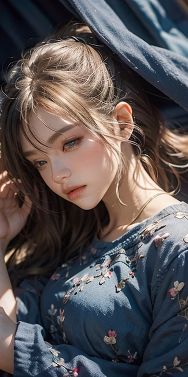 (masterpiece: 1.2, Portraiture, Highest quality), Realistic, (Live Action, Intricate details, Written boundary depth), Highest quality, masterpiece, Attention to detail, semi-Realistic, sleeping in bed, shy, 21 years old, Short Blonde, Hair in the left eye, blue eyes, Royal dress, Slim figure、Canopy bed、 sleeping beauty,