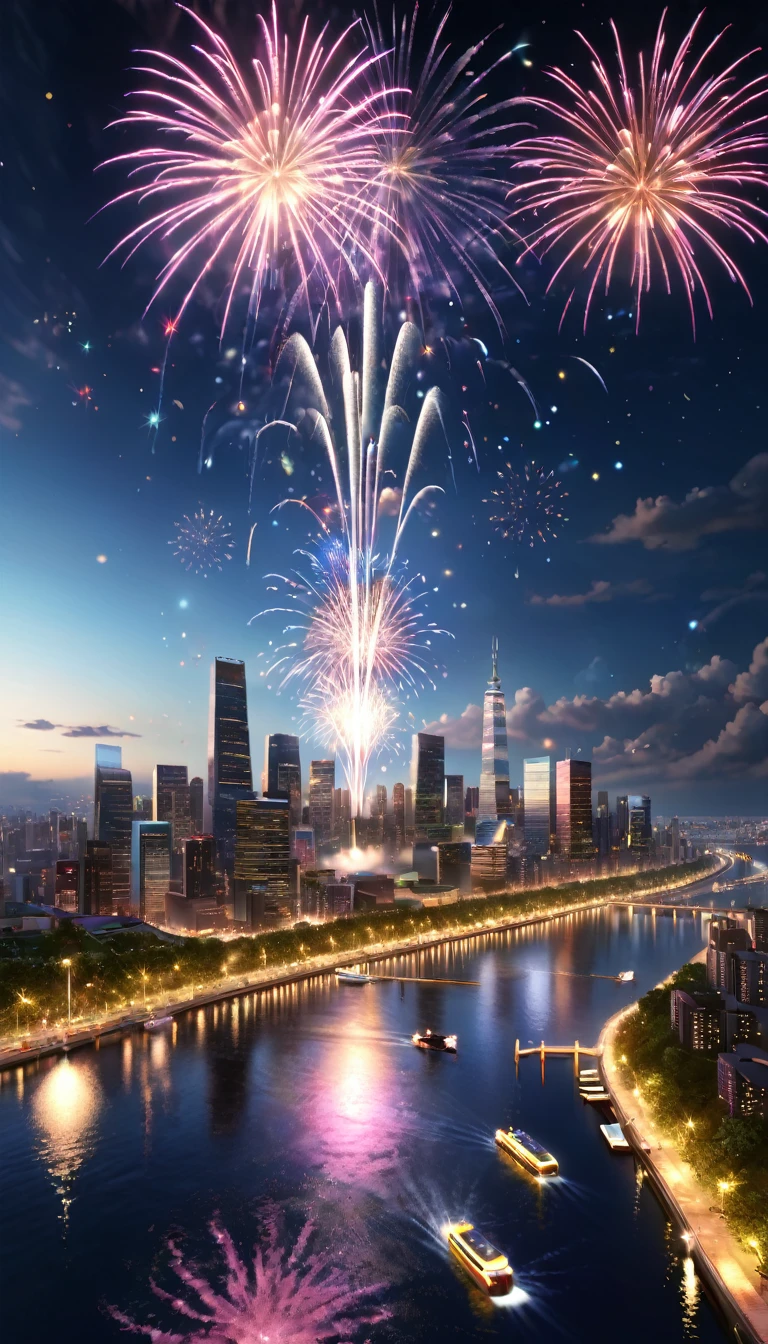 (reflection: dazzling dazzling rays of light) Highest quality, masterpiece, Realistic, (High resolutionの CGI アートワーク 8k), Many fireworks are shining in the night sky. 最高masterpiece. The theme is like a fireworks display. The most beautiful city night view. 水面にreflection. High resolution, 3D-rendered masterpiece
