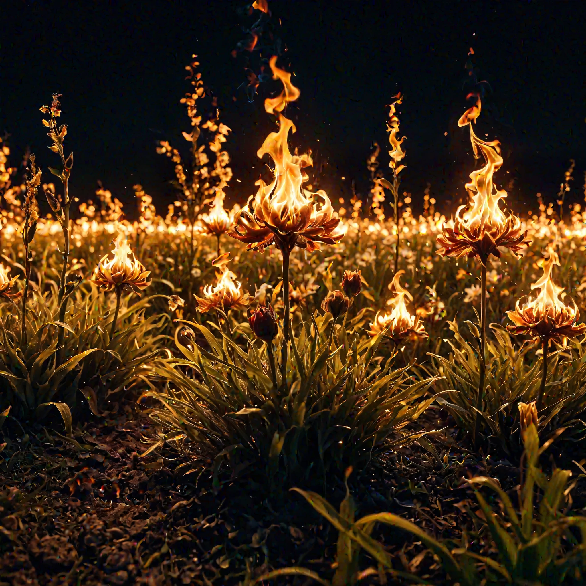 The flowers melt into a mad flame, Lush grassland in the background, Night photo, Film Grain, Fujifilm XT3, (photoRealistic, Realistic:1.2), Deep Shadow,  8k, Ultra-high resolution, Digital SLR, Ultra-high resolution