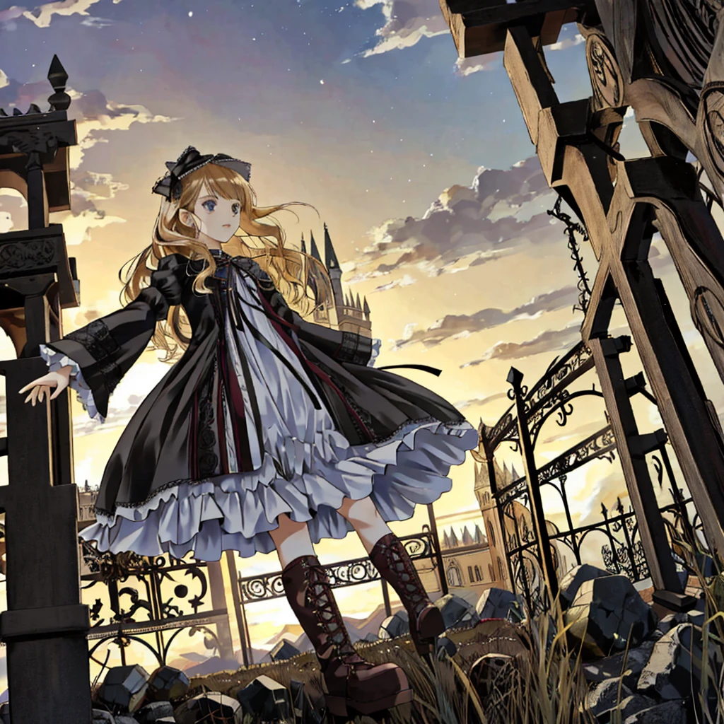 A woman wearing a dress and boots is standing in front of a building, Baroque Dress, Detailed steampunk dress, Elegant Gothic Princess, Victorian Gothic ta Fashion, 歴史的なBaroque Dressダーク, Black Gothic Loliress, Fantasy style clothing, Rococo Dress, Black Rococo, Classic witch, Fantasy Costume, wearing a Gothic Dress, romantic dress, Gothic Dress, sit, Spread your legs, Looking from directly below, Drawers, underwear