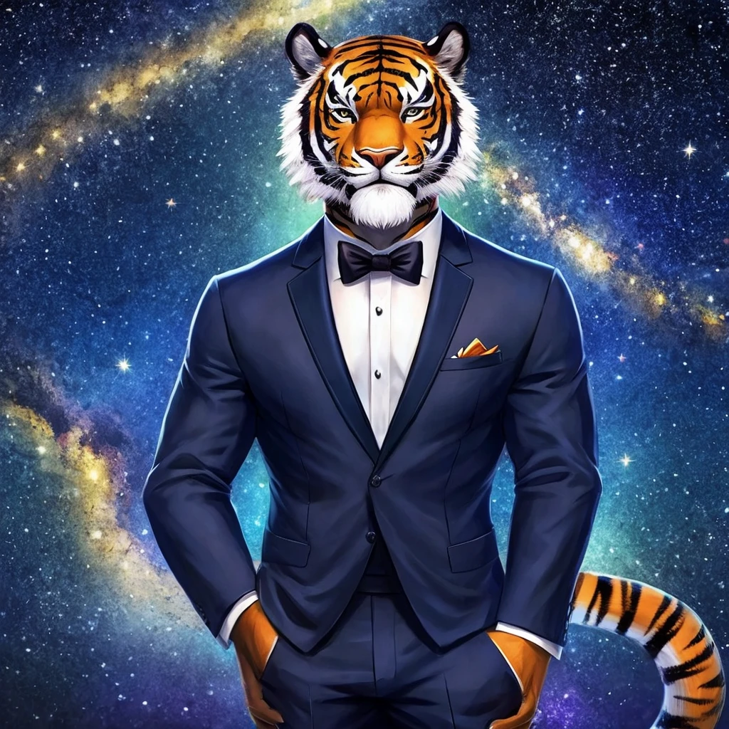 tiger in a suit on a starry night
