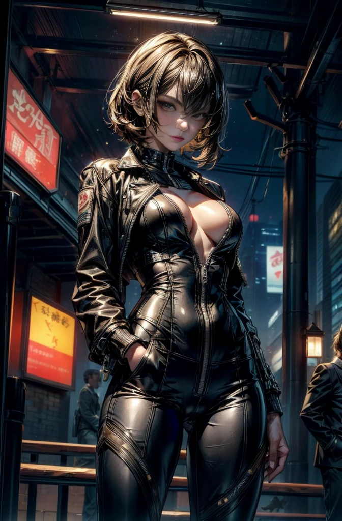Cinema Lighting,Highly detailed skin、Beautiful details、Highest quality,cyber punk,(Exchange、Dim color, Calm tone、Perfect Anatomy:1.3),(One beautiful woman、Beautiful features down to the last detail:1.3)(Black short hair)Shapely breasts、break.Black Leather Jacket、Black Satin Suit Slacks、.Black Hair、Put your hands in your pockets、Arms crossed、Near city station、night。Japanese, Camel hoof in groin、Camel Toe