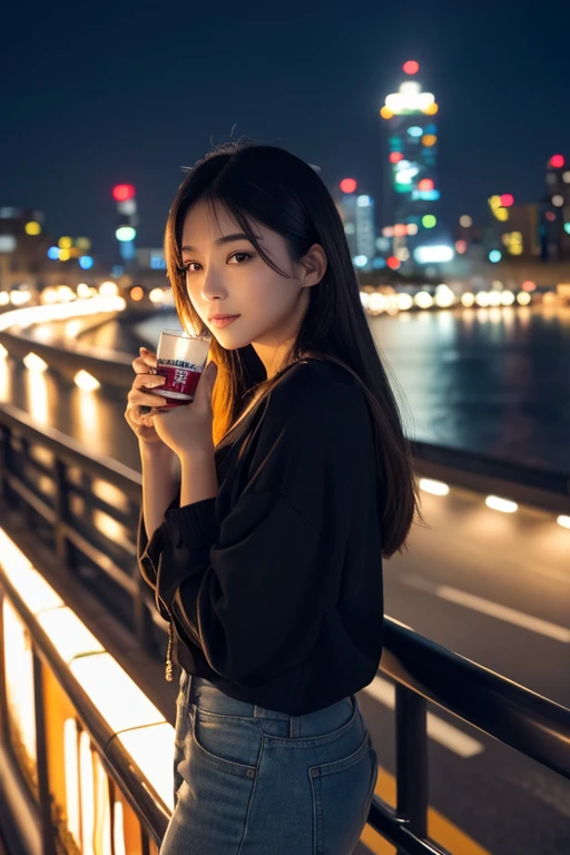 A beautiful woman drinking a canned cocktail on a deserted pedestrian bridge in Tokyo at night, leaning on the railing with a bored expression, wearing casual clothes, with the background of skyscrapers, expressways, and dazzling car headlights.Moonlit night scene, realistic, photorealistic, detailed, cinematic, dramatic lighting, melancholic atmosphere, warm tones, 8k, high resolution, detailed facial features, beautiful eyes, detailed lips, long eyelashes