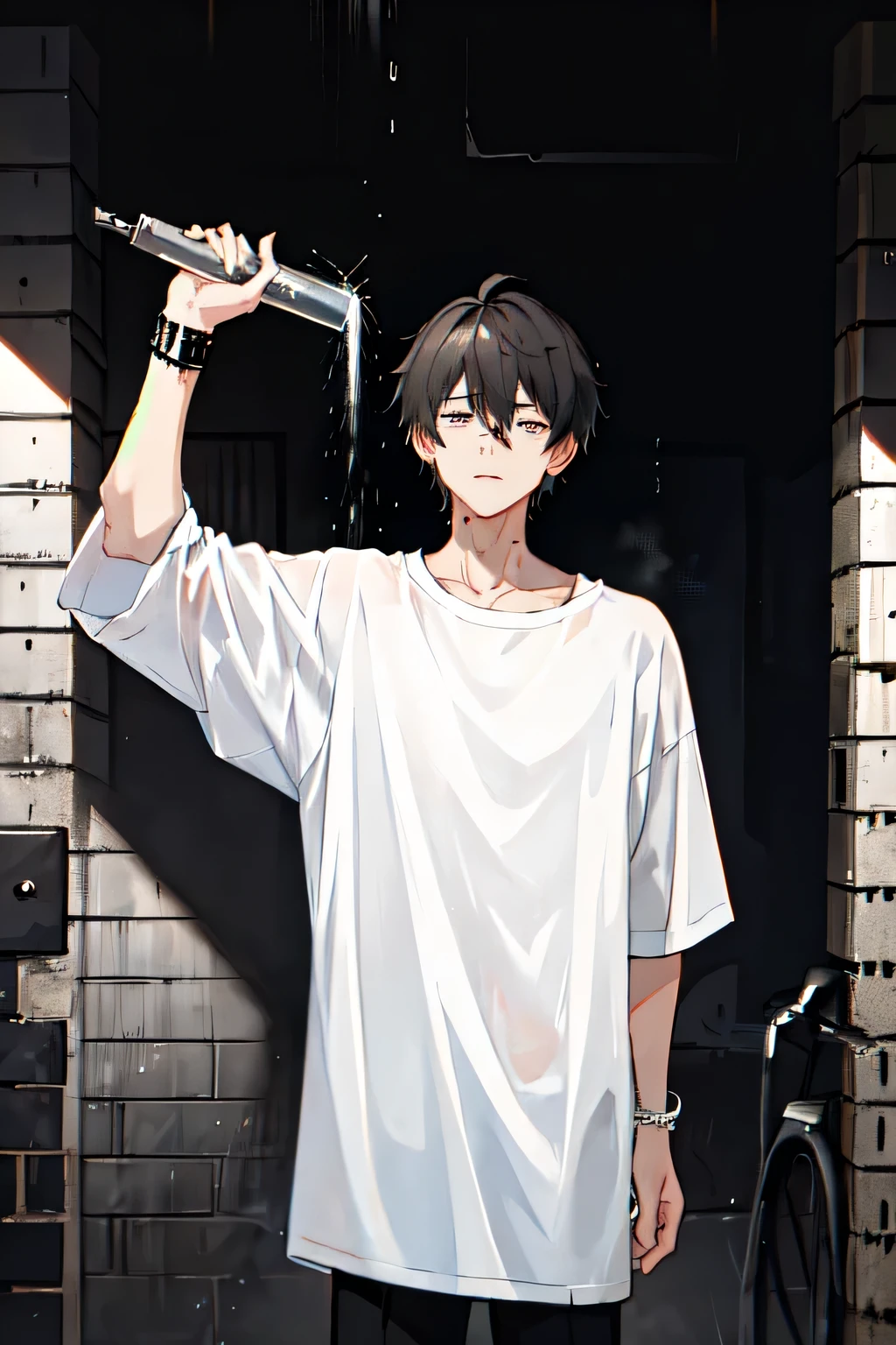 1boy, two block hair, oversize white t-shirt, black bracelet on left hand, dark street, spraying graffiti a number 4 on a wall, dark, aesthetic, cinematic, after rain