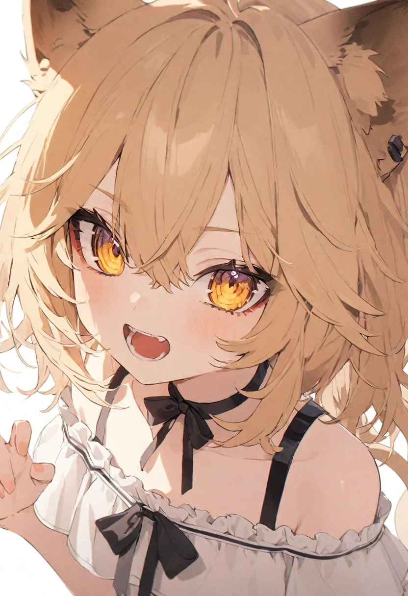(muste piece), (best quality), (score_9, score_8_up, score_7_up), very detailed eyes, expressive eyes, perfect face, very detailed face, highly detailed face, beautiful girl, 8K, beautiful girl, white background, delicate and beautiful face and eyes, dark intense shadow, 1 girl, vtuber style, cool girl, vtuber, rurudo_lion, blond lion ears, blond lion tail, blond straight hair, blond eyes, hair between eyes, ((white sundress, sleeveless dress, suspender dress)), dress bow, chest visible through clothes, small chest, (Off-shoulder), (clavicle), Poker face, open mouth wide, one Yae Teeth, (one hand paw pose), Upper Body, face close up, look up,