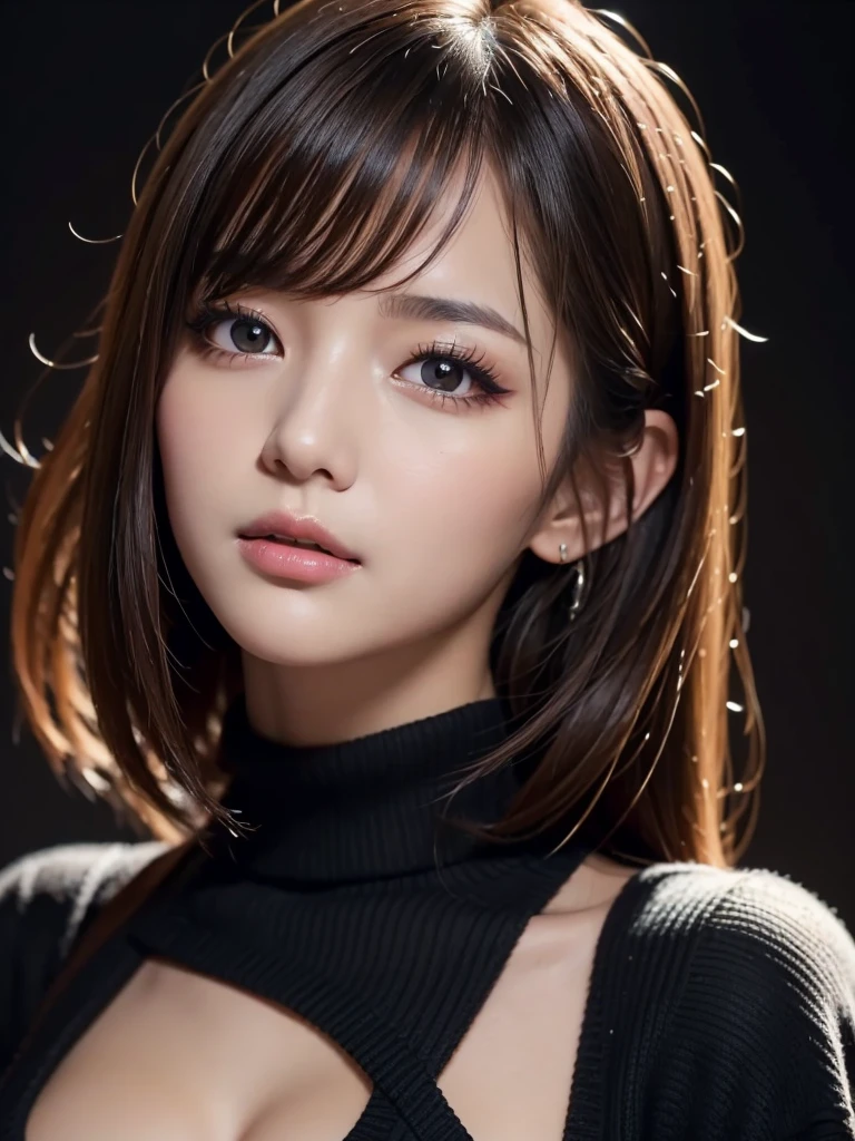 1 female,masterpiece, Highest quality, Very detailed, 複雑に詳細なSuper detailed, Realistic, Sharp features, Very detailed, Sharp focus, Perfect Face, Perfect Face, Perfect symmetrical perfect eyes, Perfect Plump Lips, Flexible female form, Cinematic, Film Light, Super detailed, hyper Realistic, High resolution, Vibrant, Dynamic Studio Lighting, ((Dark Background)), Sexy Face, The expression when receiving pleasure, Straight bangs, Big Breasts, Exposed cleavage, Brown eyes,Black sweater, Cowboy Shot,