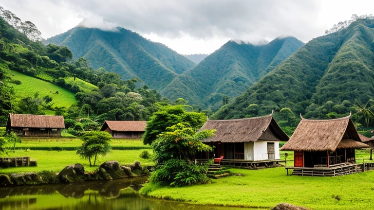 (high quality), (masterpiece), (detailed), 8K High-definition panorama of Indonesian hills and a village during the Dutch colonial era, showcasing traditional houses and villagers in old-fashioned clothes, capturing the historical ambiance and natural beauty of the landscape.