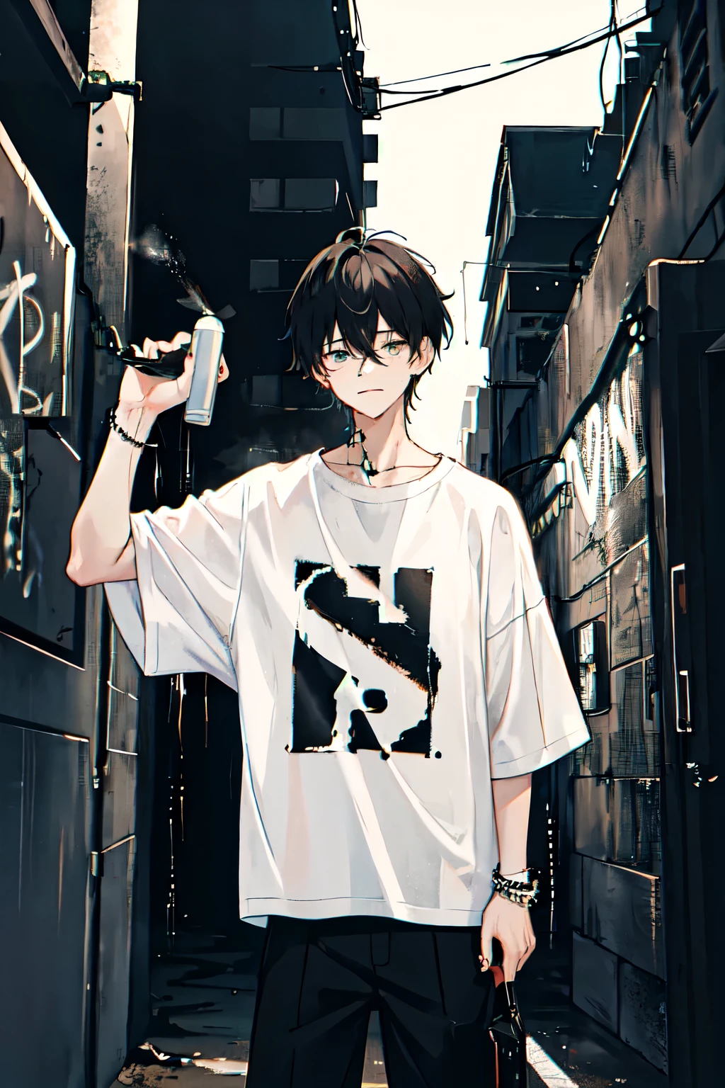 1boy, two block hair, oversize white t-shirt, black bracelet on left hand, dark street, spraying graffiti a number 4 on a wall, dark, aesthetic, cinematic, after rain