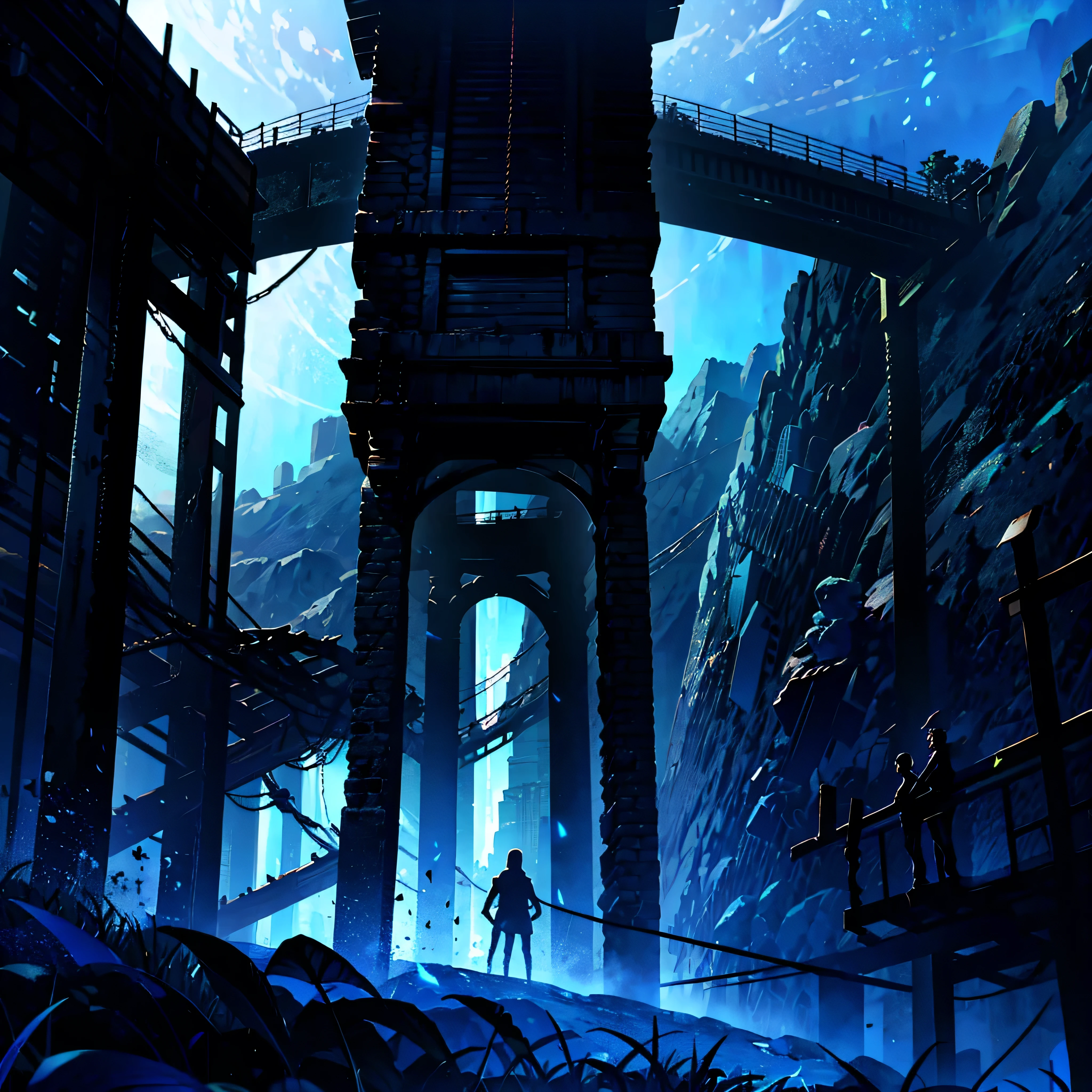 Dark Night, Bluish, blue tint, Wooden suspension bridge in the forest,Rope bridge,suspension bridge, Old wooden bridge, (Blue Hour:1.5) (Twilight Night, dark blue night, blue shadow) dark silhouette