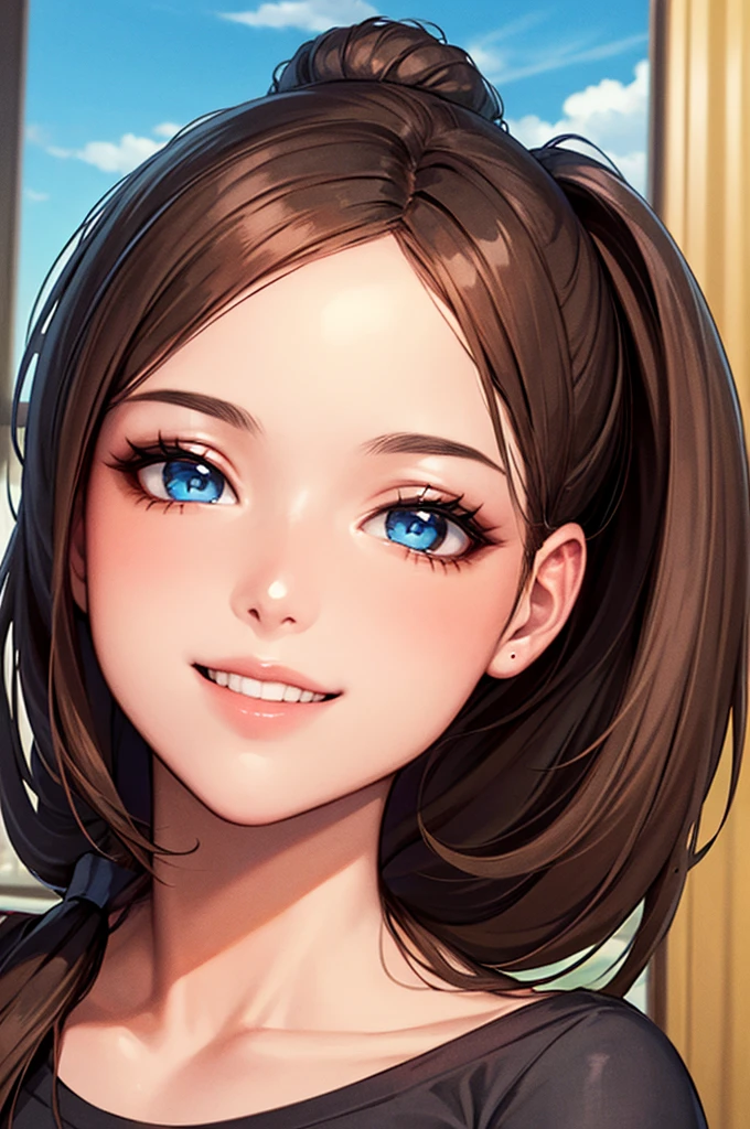 (Highest quality), (masterpiece), (High resolution), (Intricate details:0.2),(Professional Lighting), room, Detailed Background, Oversized black t-shirt, Off the shoulder, (Previous View), One girl, alone, (Beautiful Face:1.40), The body is slim, Fine skin, smile, Long ponytail brown hair, Sky blue eyes, View in viewer,