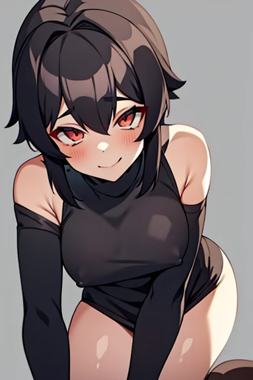 A solo femboy boy, smiling in a feminine way, with a sexy pose on all fours, very naughty, shorth hair, wearing a thick black sweater, with short shorts highlighting his giant penis.
