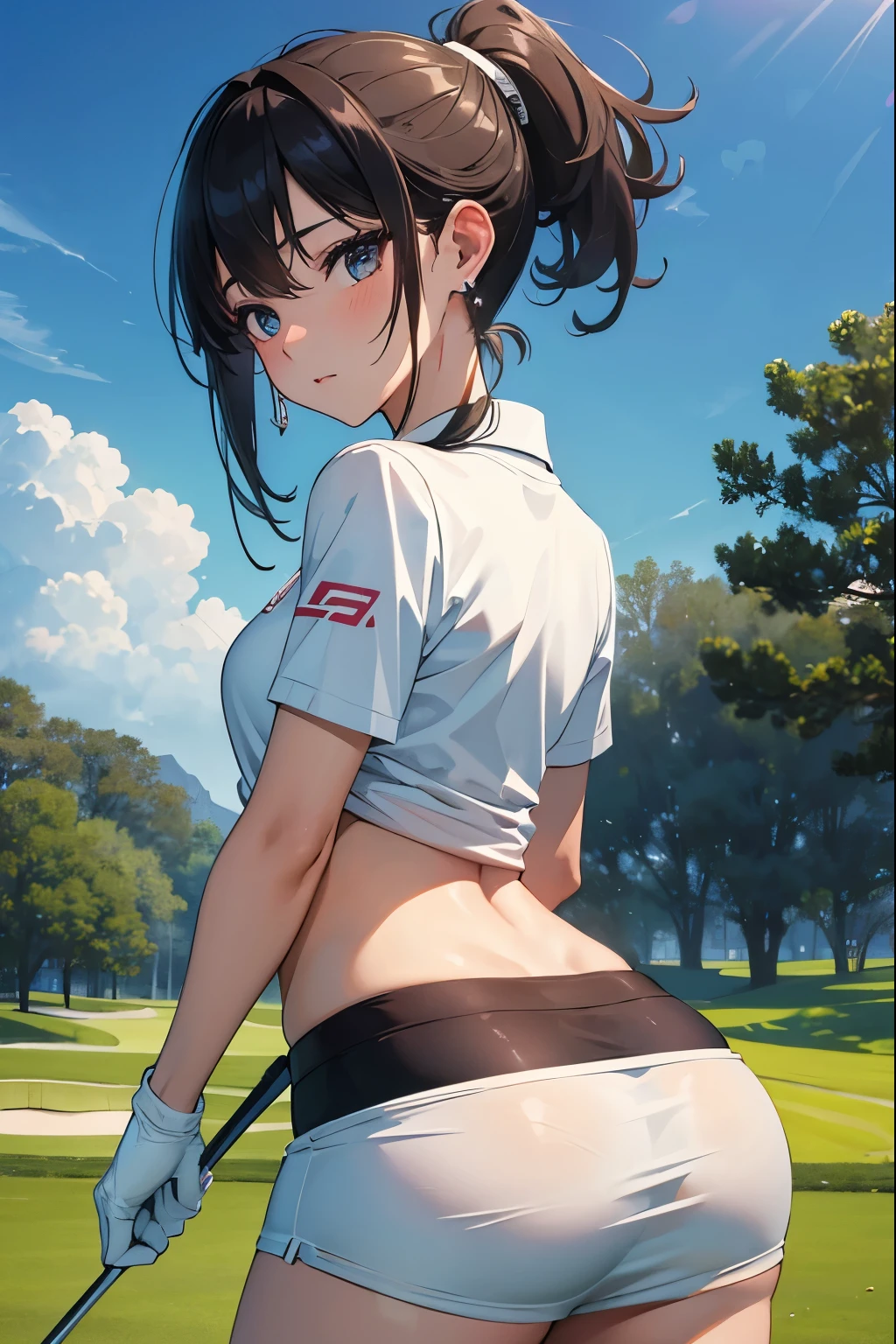 masterpiece, Highest quality, High resolution, Ultra detailed face、Golf Players、have a club、Beauty、Golf Wear、During the game、Sexy、Beautiful buttocks、look back、Innocent expression、Earrings、Innocent expression