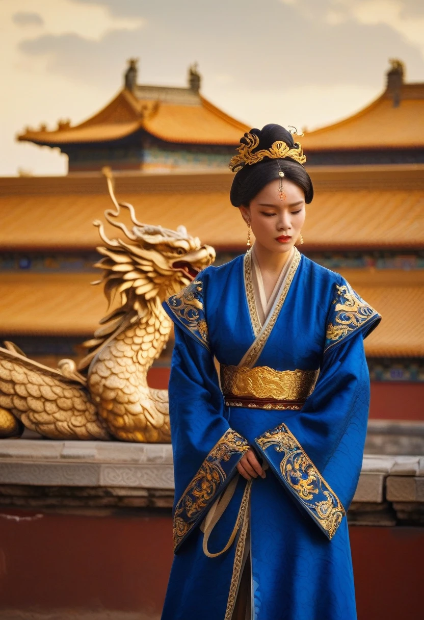 cinematic still Amidst the red walls of the Forbidden City, with its golden roofs gleaming under the sun, an asian woman in a royal blue robe with golden dragon motifs walked. Her attire, reminiscent of the empresses of yore, made her a moving masterpiece, echoing the grandeur and history of dynastic China.. emotional, harmonious, vignette, 4k epic detailed, shot on kodak, 35mm photo, sharp focus, high budget, cinemascope, moody, epic, gorgeous, film grain, grainy, cinematic, extremely, fabulous colors, artistic, perfect intricate, beautiful scenic full light, great composition, atmosphere, dynamic dramatic ambient, creative, lively, elegant