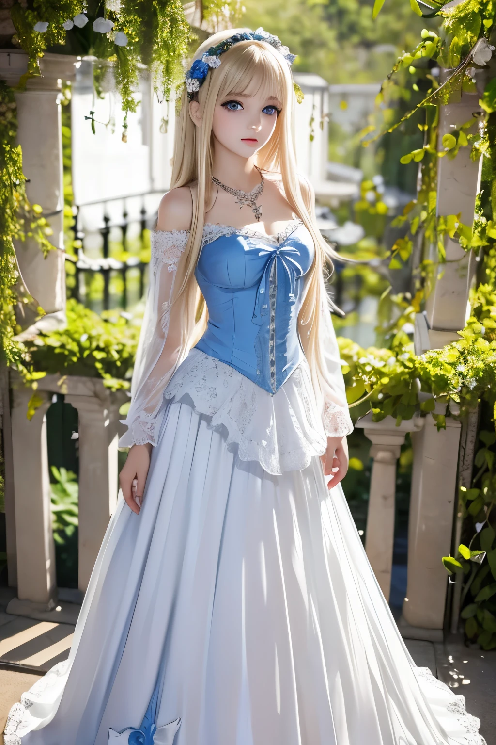 masterpiece,Highest quality,Very detailed,beautiful girl,Gorgeous white gothic lolita dress,Gorgeous necklace, teenager, (full body),Blonde,blue eyes,Perfect Face,Beautiful and detailed eyes,Beautiful Skin,skinny,Dynamic,Outdoor,Beautiful flowering garden,Lots of flowers