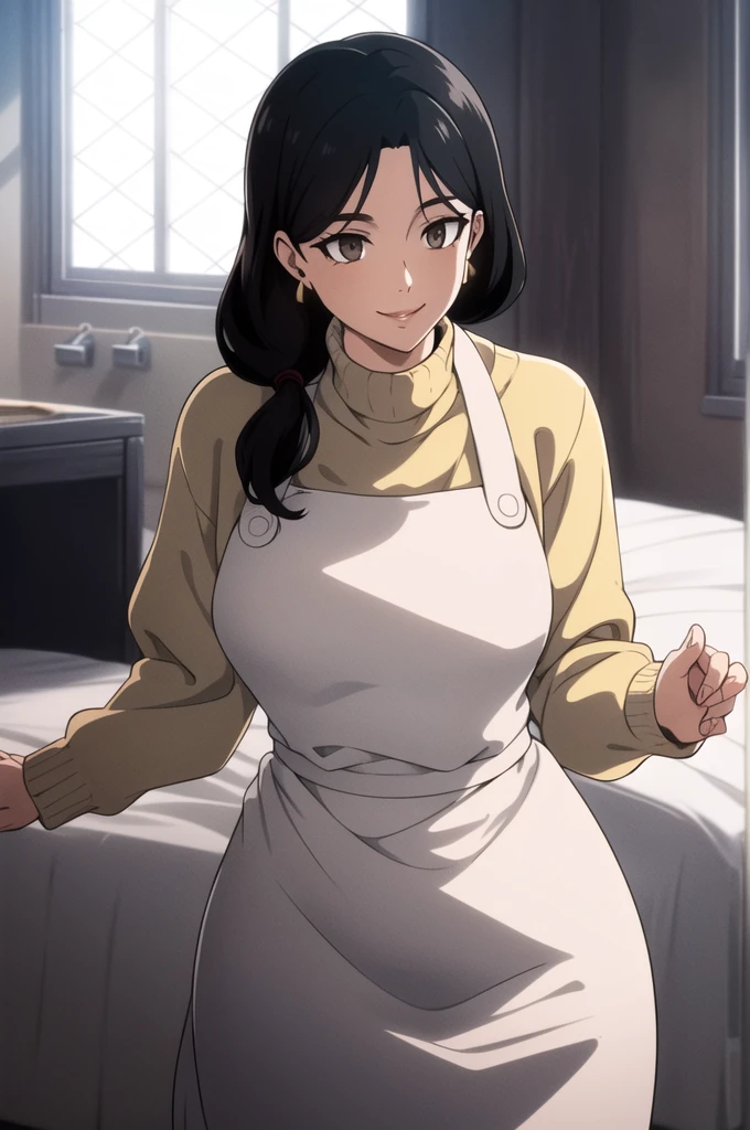 ((Practical)), (masterpiece, best quality), (Mature), Lying on the big white bed, Wearing a white turtleneck sweater,Wide hips,Wearing a black apron, full, Breast sagging, (Short shoulder-length black hair, Bangs), Long skirt, Smile, For the audience, earrings, window
