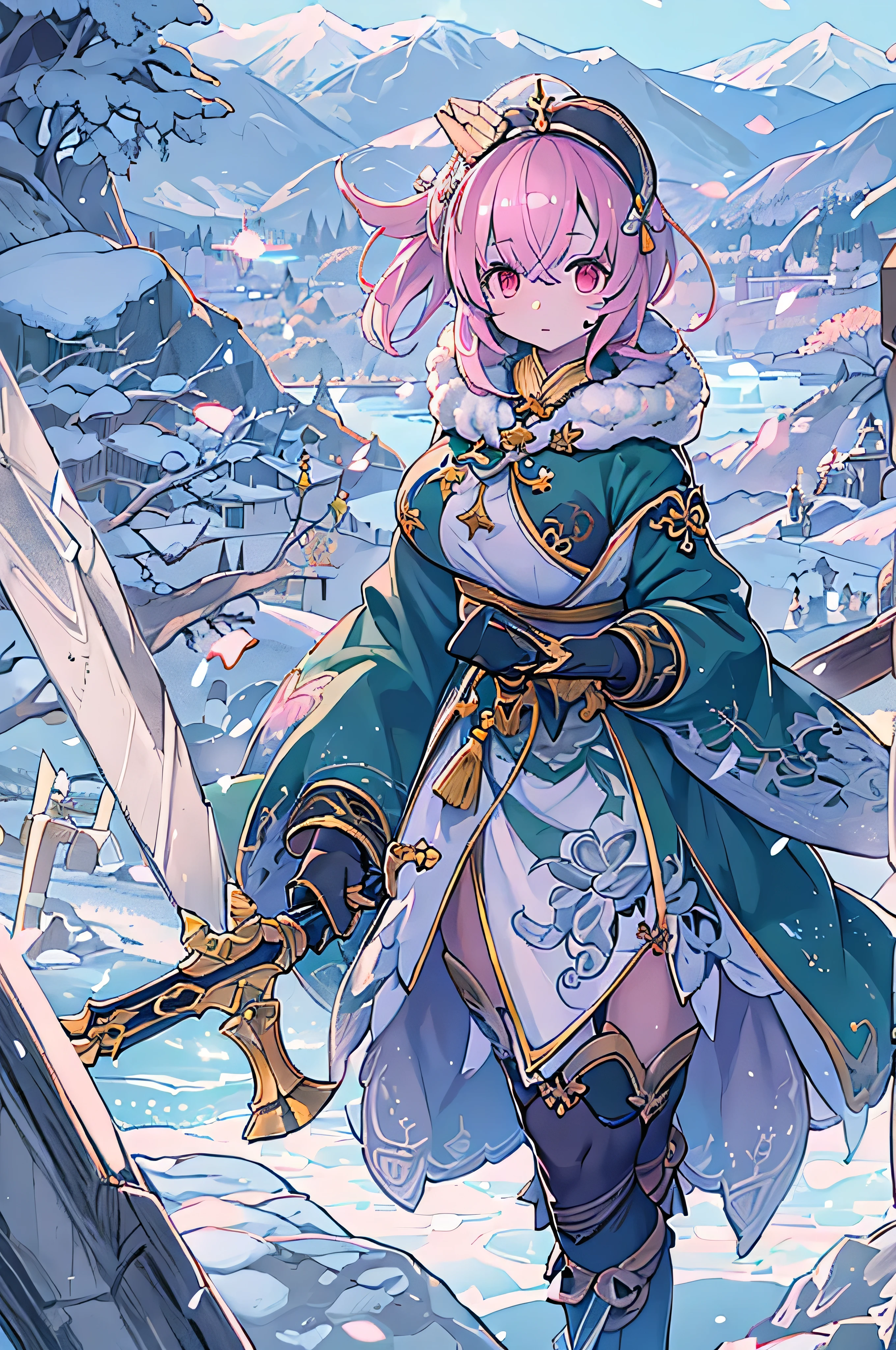 Extreme Detail, perfection, aerial photograph, Like a work of art, Anime girl with ice and snow sword, Her pink hair and long purple skirt complement each other well., Staring at Kami Ayakahara in the distance, Leads us to the world of the Genshin.