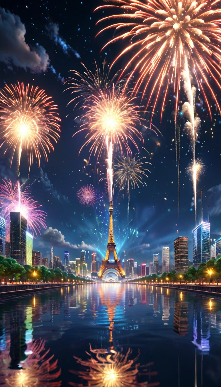 (reflection: dazzling dazzling rays of light) Highest quality, masterpiece, Realistic, (High resolutionの CGI アートワーク 8k), Many fireworks are shining in the night sky. 最高masterpiece. The theme is like a fireworks display. The most beautiful city night view. Watching from the sky. 水面にreflection. High resolution, 3D-rendered masterpiece