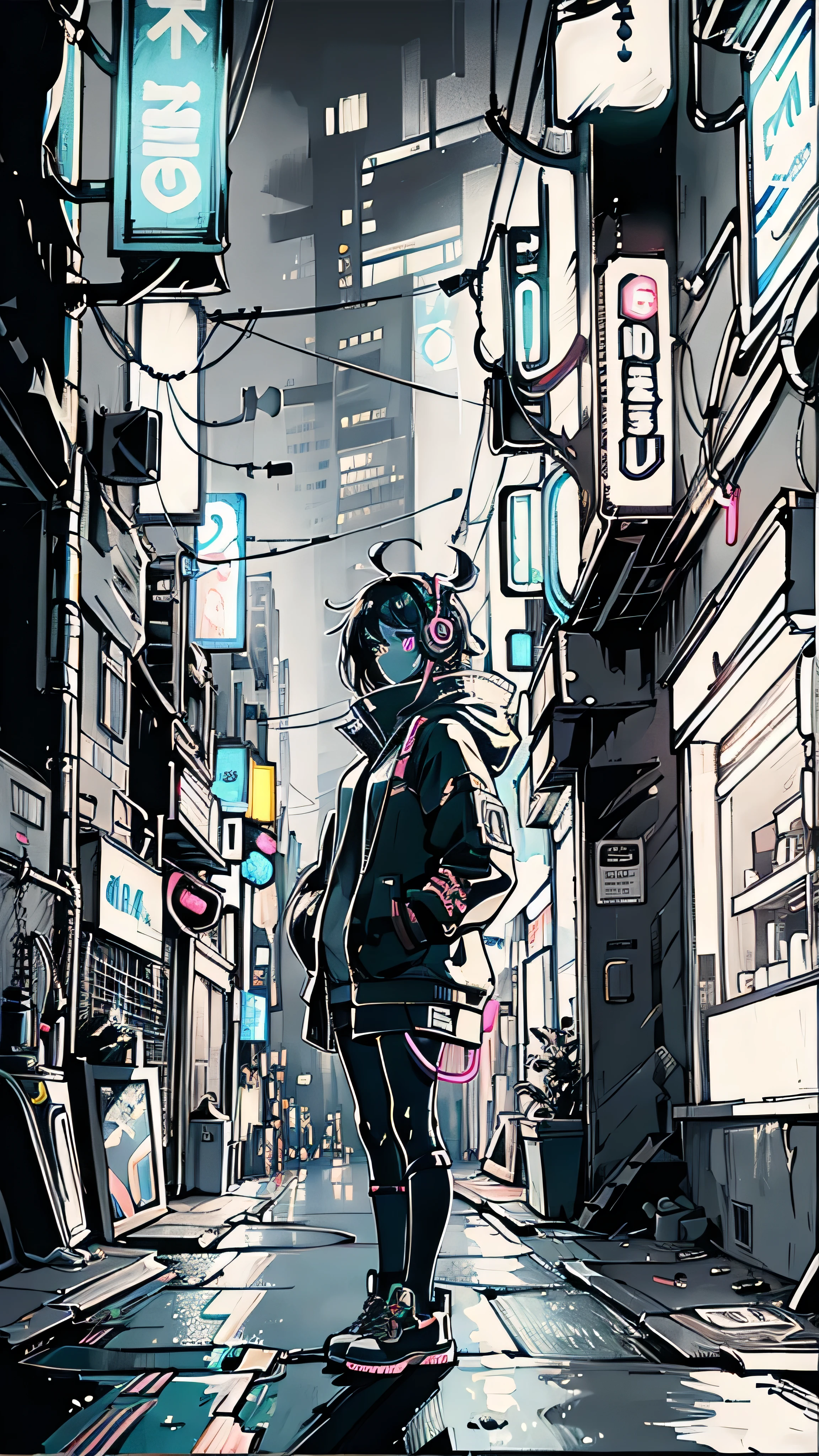 Girl wearing headphones at night, Cyberpunk City, neon lights,neon, fog, sketch, Stylized, artistic