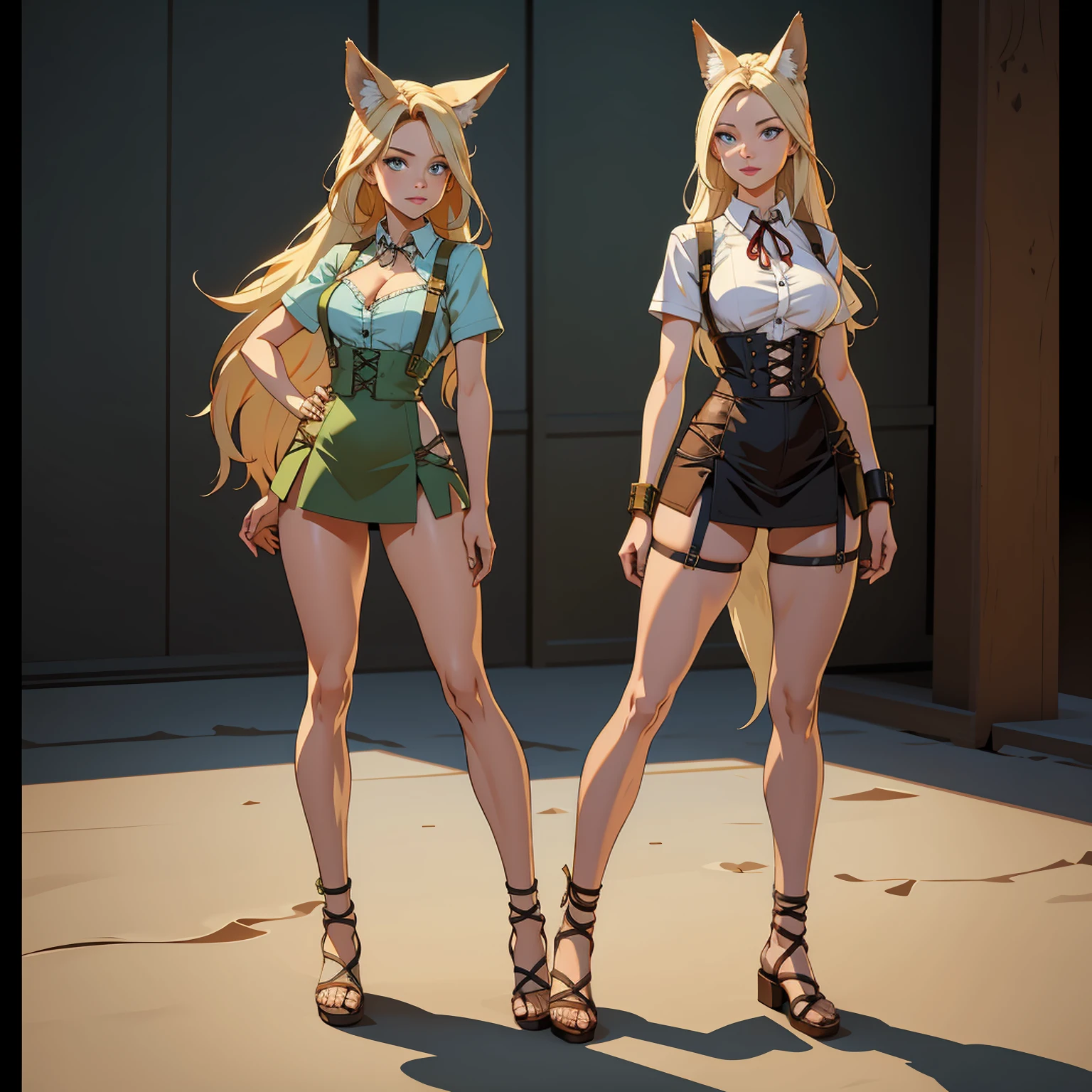 ((Full body photo, standing, feet on the floor)) Beautiful 2 girl, full body, teenager, alone, (very long waist-length blonde hair, straight blonde hair: 1.28), ((light blue eyes )), fair skin, (large, darker fox ears: 1.35), fair skin, medium breasts, cleavage, (thin hips, slim waist, athletic body: 1.25), bottom, looking away, ( wears short tunic made of green fabric, leather skirt, van suspenders, lace-up sandals, hair clip: 1.1), walking on the sand, masterpiece, best quality, 3D rendering work, 3DMM style, close-up, portrait , 3D,
