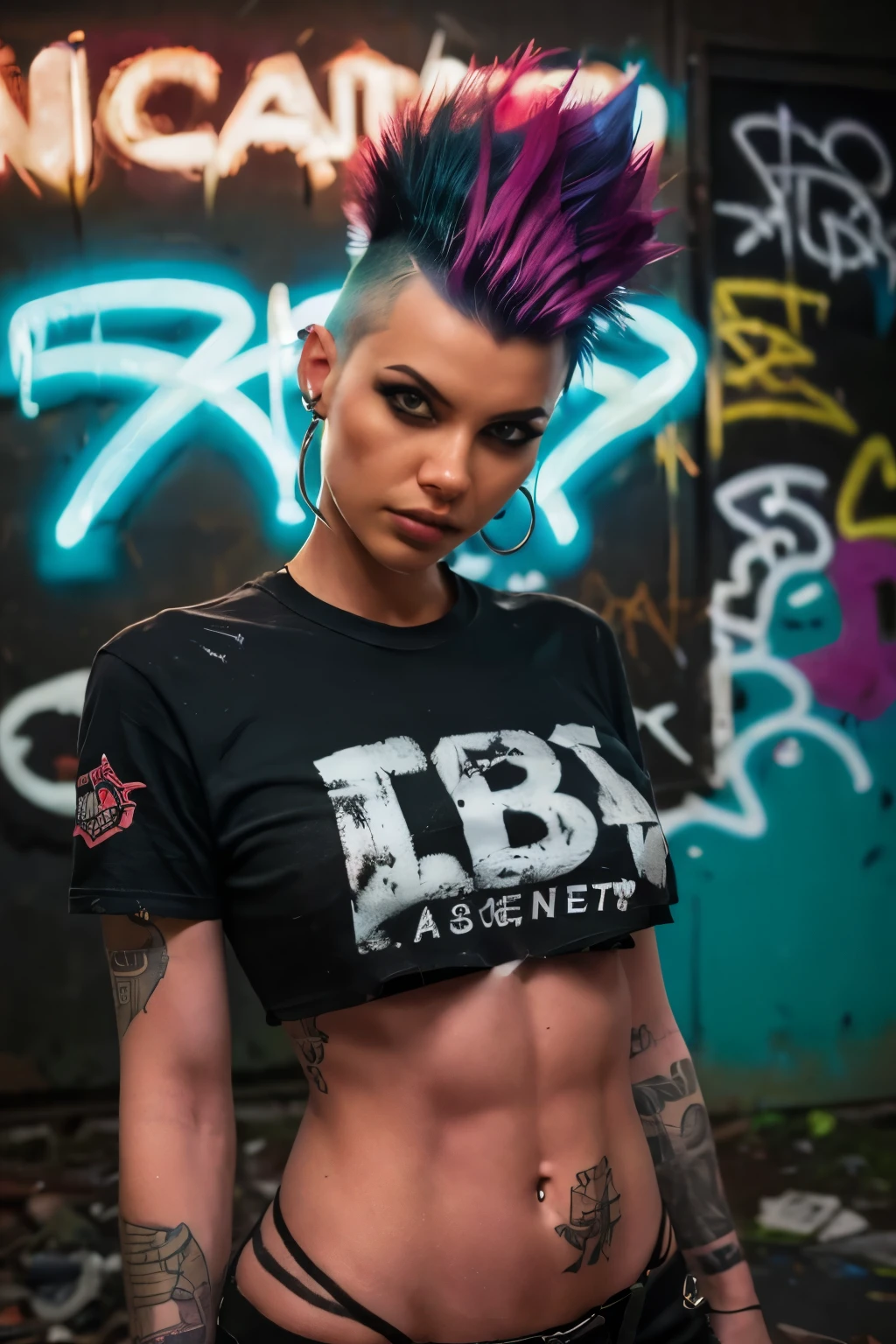 Photorealistic, ultra-detailed, ((Rocker punk girl, spiky mohawk hair)) girl, hot Body,  nipples t-shirt transparency , ABS, tattoo, t-shirt nipples, t-shirt write "666".portrait photo, grunge, side viewer, Solo, dimly lit room, edgy urban scene with graffiti, dark and moody, late evening, city lights flashing, neon lighting The essence of rock and roll, Spike hair, 18 years old, assertive, confident expression, showcasing multiple piercings, blurry background, analogue style, grunge texture, Best contrast, industrial, Instagram LUT, Professional, 4k, electrifying gaze, shot on Nikon, 50mm, shallow depth of field,  ((Abandoned Graffiti Wall Background, cinematic lighting )).