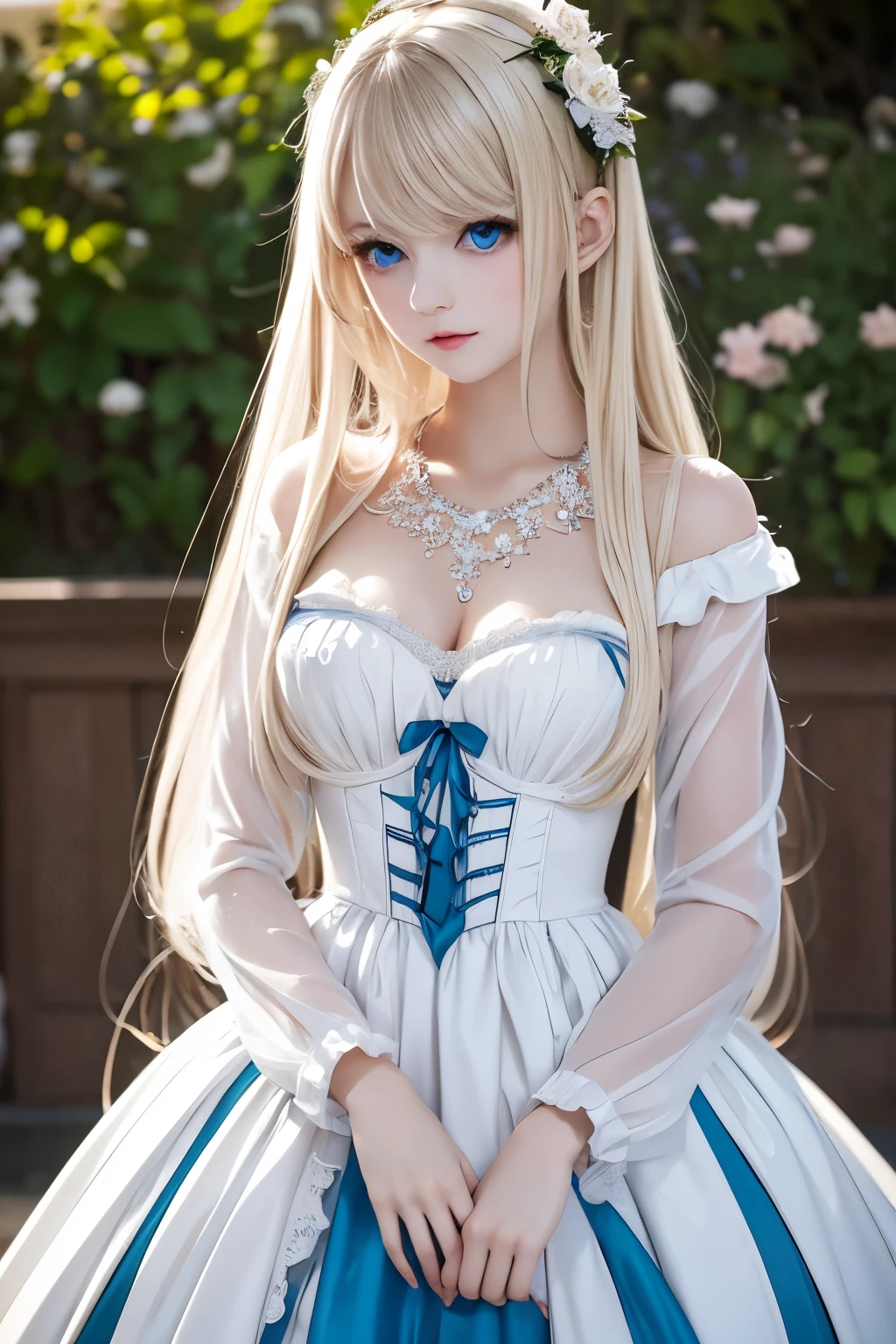 masterpiece,Highest quality,Very detailed,beautiful girl,Gorgeous white gothic ta dress,Gorgeous necklace, teen, (full body),Blonde,blue eyes,Perfect Face,Beautiful and detailed eyes,Beautiful Skin,skinny,Dynamic,Outdoor,Beautiful flowering garden,Lots of flowers