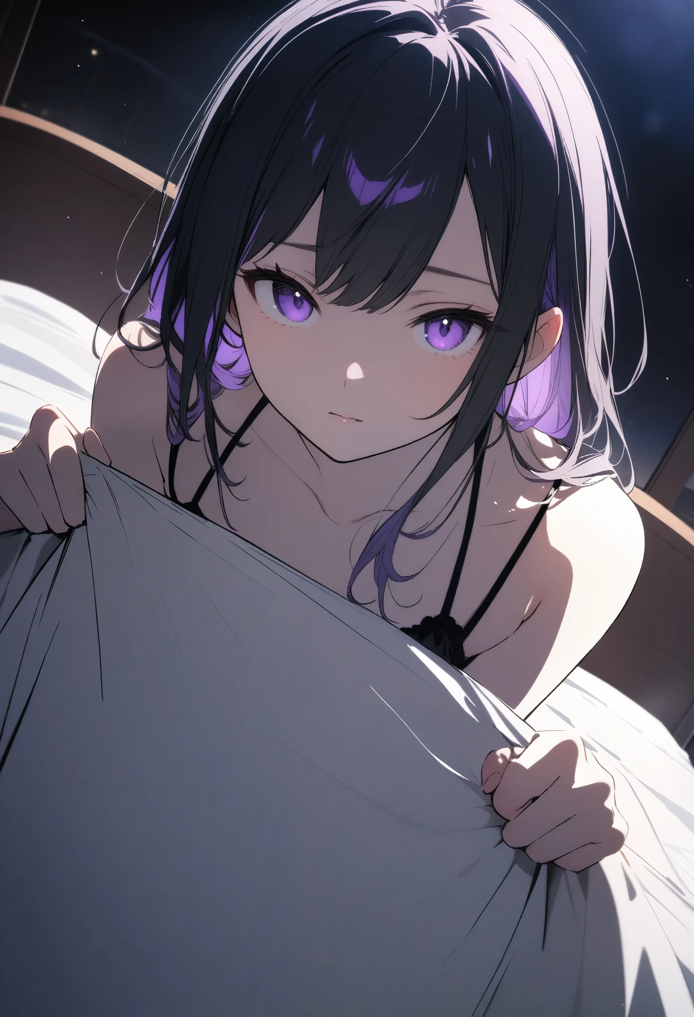 One , ((Sexy luxury shining in black and purple))、(Light purple inner color hairstyle), Beautiful Hair, Facial Contour, Remember, Hotel, moonlight、splash, Lens flare,, Natural Color, High resolution, Very delicate, Very detailed, 8k,(There is swelling of the breasts、About B cup)、Shyness,((Sexual))、bed、Holding the sheet to hide her body and showing her face、Sexy angle of view
