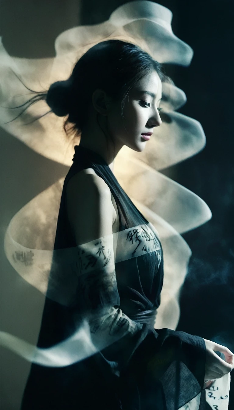 Double exposure style,Volumetric Lighting,Girl in wrap top,Arching her back,Traditional clothing,Artistic calligraphy and ink,light depth,Dramatic atmospheric lighting,Volumetric Lighting,Ghosting effect,Image combination,Double exposure style,