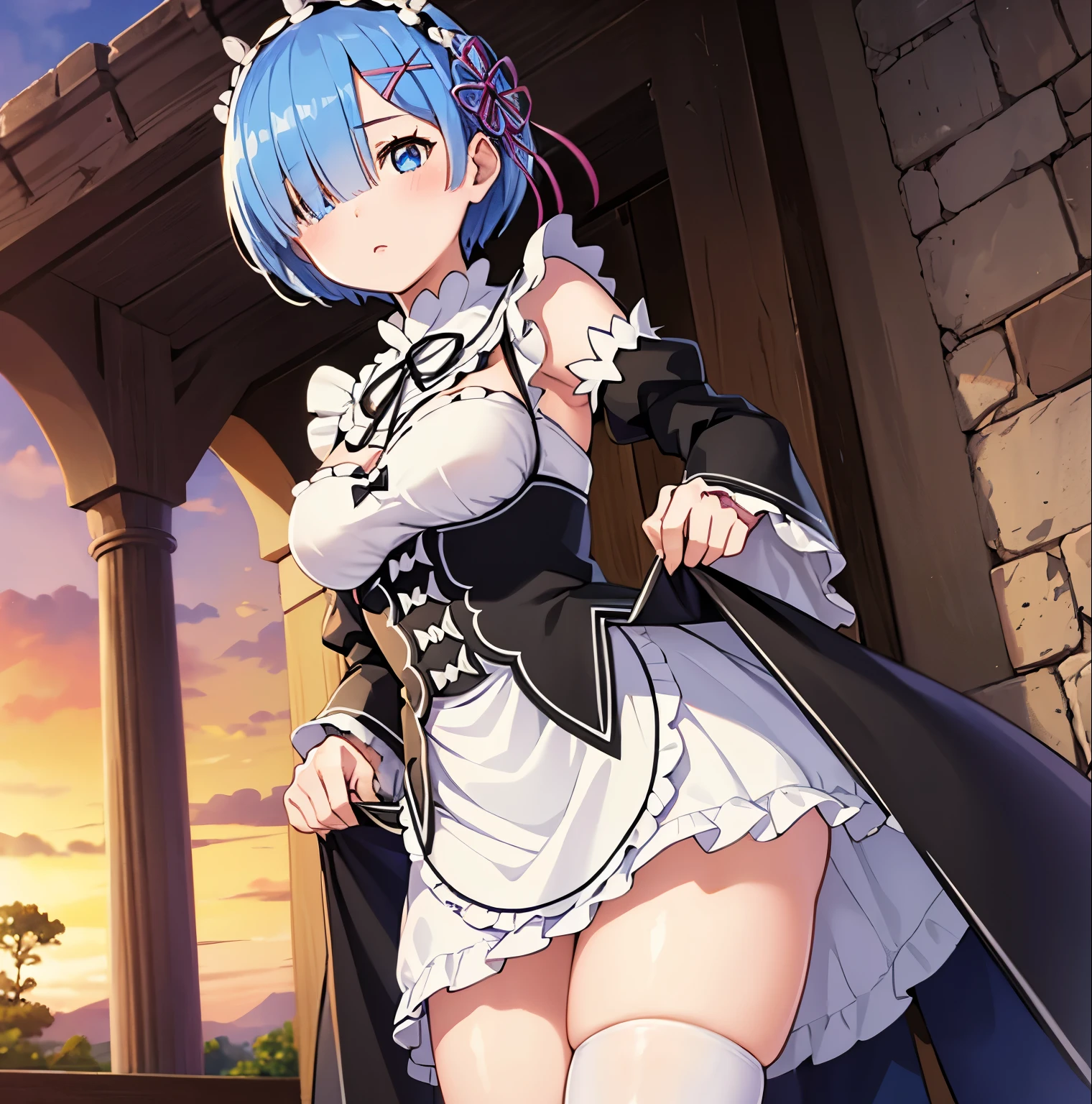 ((1girl)),((alone)),rem,re:zero,(masterpiece), (best quality), (ultra detailed), (best illustration), (best shadow), (absurdities), sharp focus, cowboy shot, dynamic posture looking at viewer, big breasts, narrow waist, wide hips, wide thighs, round butt, erotic, romantic, (very detailed eyes, lips 1.1), very detailed eyes, eyes, Very detailed face, Very face beautiful, full height, beautiful slim figure, femininity, expressive appearance, elastic big breasts, increased sexuality, blue eyes, blue hair, hair ornament, hair over one eye, hair ribbon, short hair, x hair ornament , apron, black ribbon, black skirt, black sleeves, detached collar, detached sleeves, flower, ruffled apron, ruffled skirt, ruffles, head crown, long sleeves, maid, miniskirt, neck ribbon, purple ribbon, ribbon, ribbon trim, ribbon trimmed sleeves, roswaal mansion maid uniform, short hair, skirt, thigh highs, waist apron, white apron, white stockings, , defined body, Perfect and beautiful body, perfect and beautiful, , closed mouth, calm expression, blushing, (sexy pose: 1.2), ((only)), standing: 1.3, outdoor, castle, garden, flowers, grass, fountain, clouds, sunset, looking forward, ((focus on panties)), (lifting skirt:1.4), point of view: (from below), red blush, perfect anatomy, perfect hands