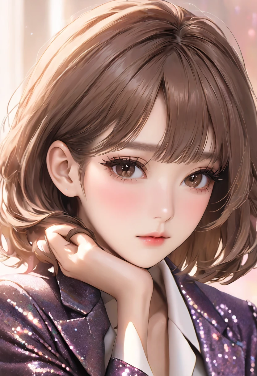 A close-up of the upper body of a beautiful girl with brown bob hair. Wearing a blazer, tucking her hair behind her ears, Korean-style makeup, glitter eye makeup, long eyelashes, relaxing time, mature, pretty, older sister, masterpiece, perfect hand shape